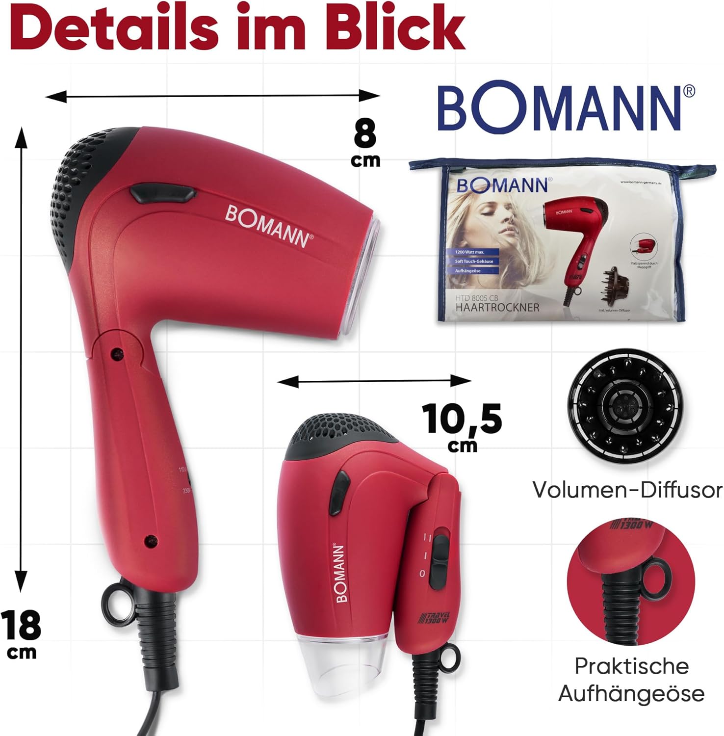 Thumbnail 6 de Bomann Haartrockner klappbar HTD 8005 CB – 1200 W Reisehaartrockner, 110/230 V, inkl. Diffusor und Tasche