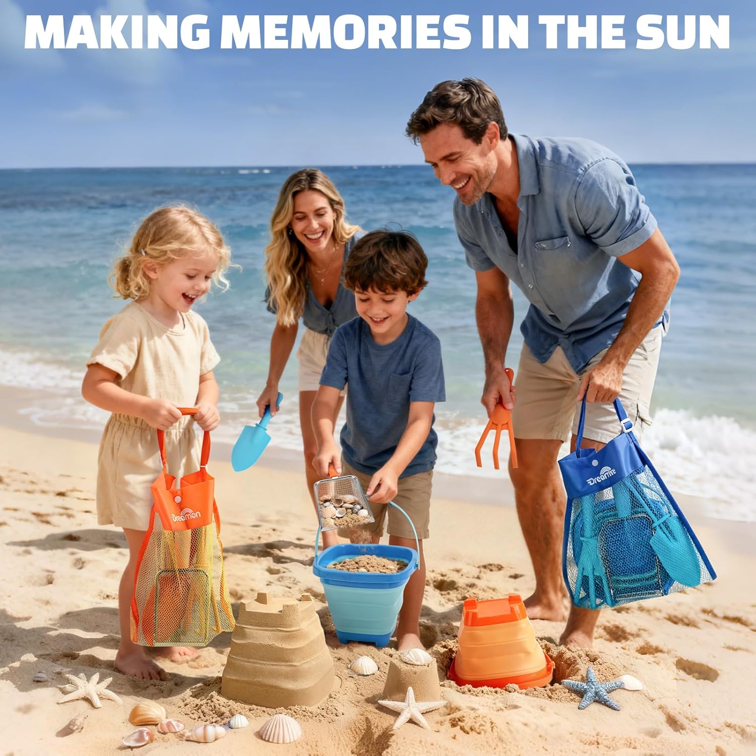 Thumbnail 6 de Dreamon Beach Sand Toys 2-Set: collapsible buckets, sifters, shovel & rake with seashell bag (kids 3–5)