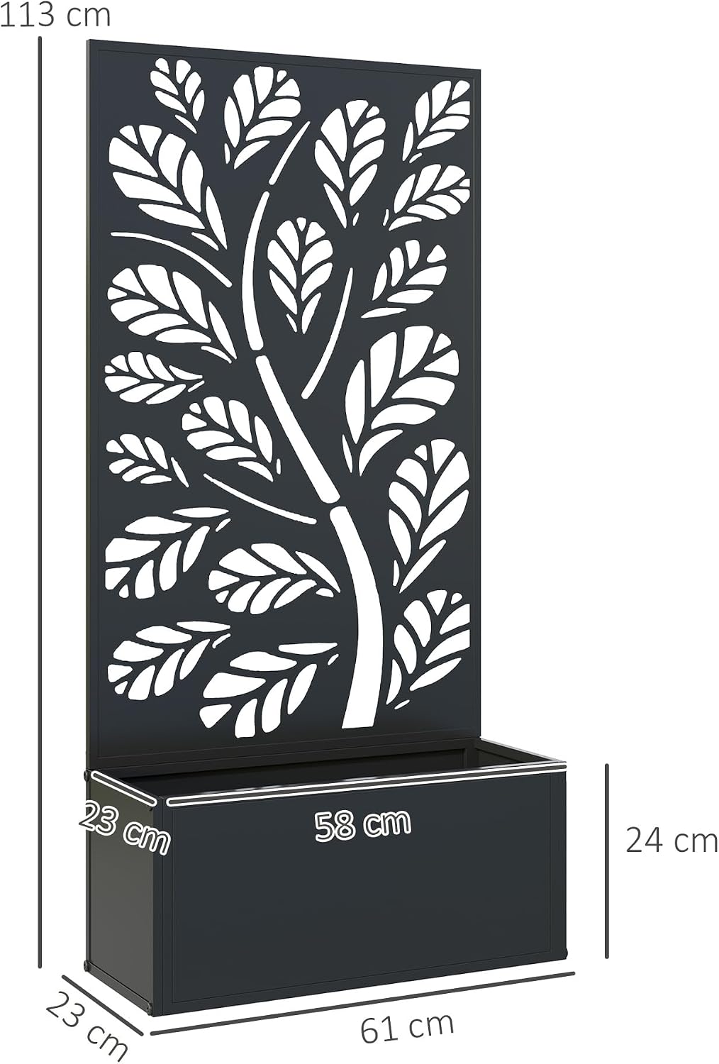 Detalle de Outsunny 84H-167V00BK bloembak met rankrooster, zwart metaal, 61 x 23 x 113 cm