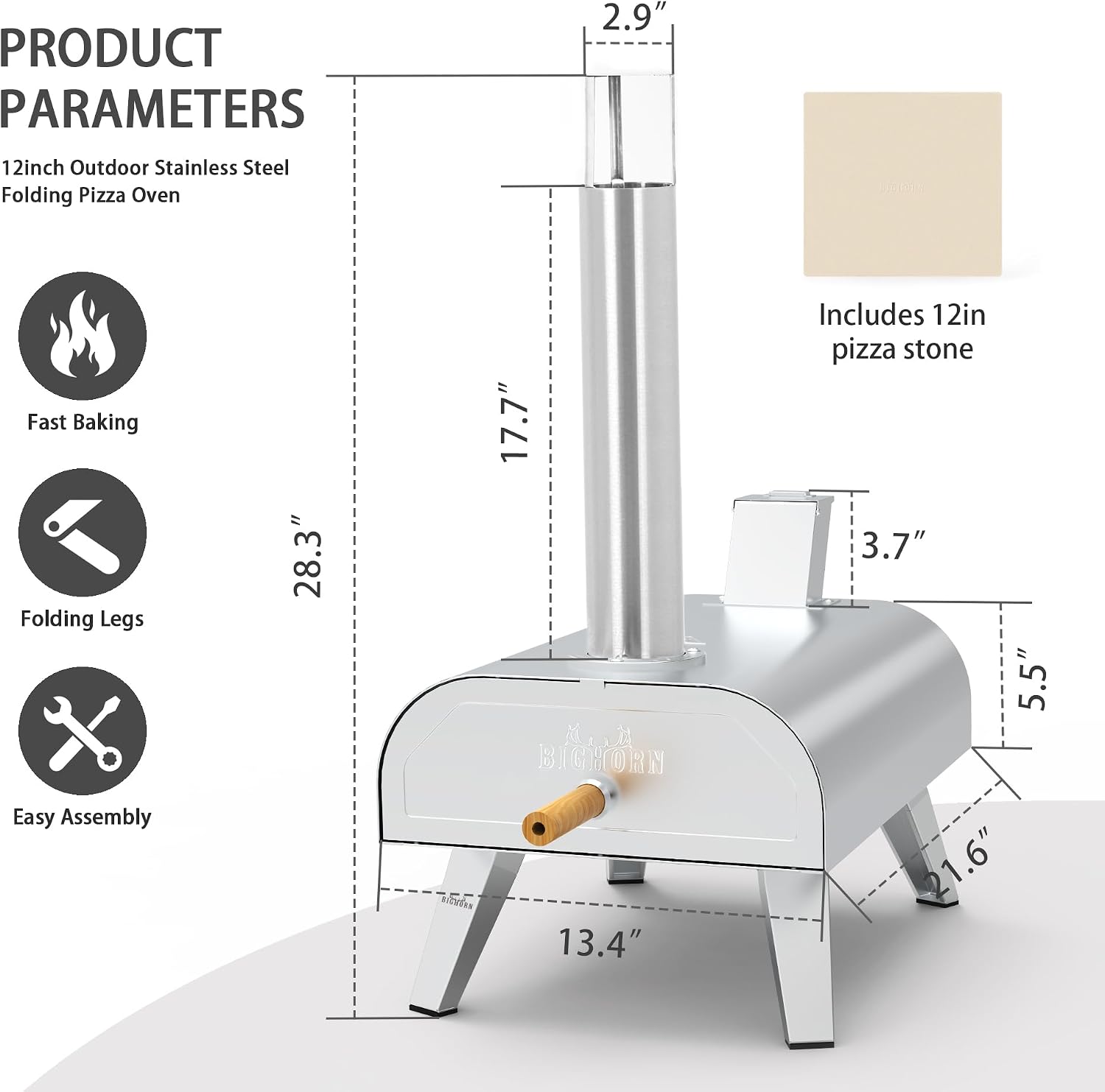 Detalle de BIG HORN OUTDOORS Wood Pellet Pizza Oven — portable stainless steel pizza maker for Neapolitan-style pies