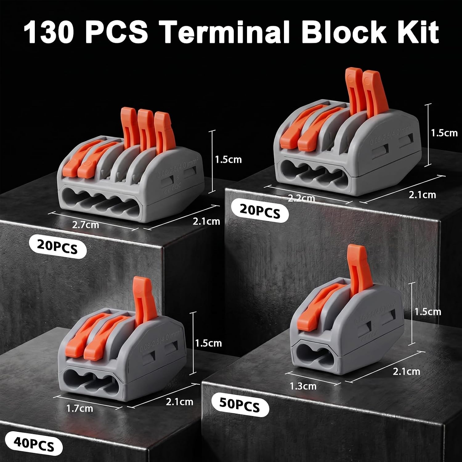 Thumbnail 1 de Preciva 130PCS Connecteur Électrique à Levier: Bloc de Jonction Compact 2–5 Ports pour Fils Solide et Souple (28-12 AWG / 28-14 AWG), 32A/4kV