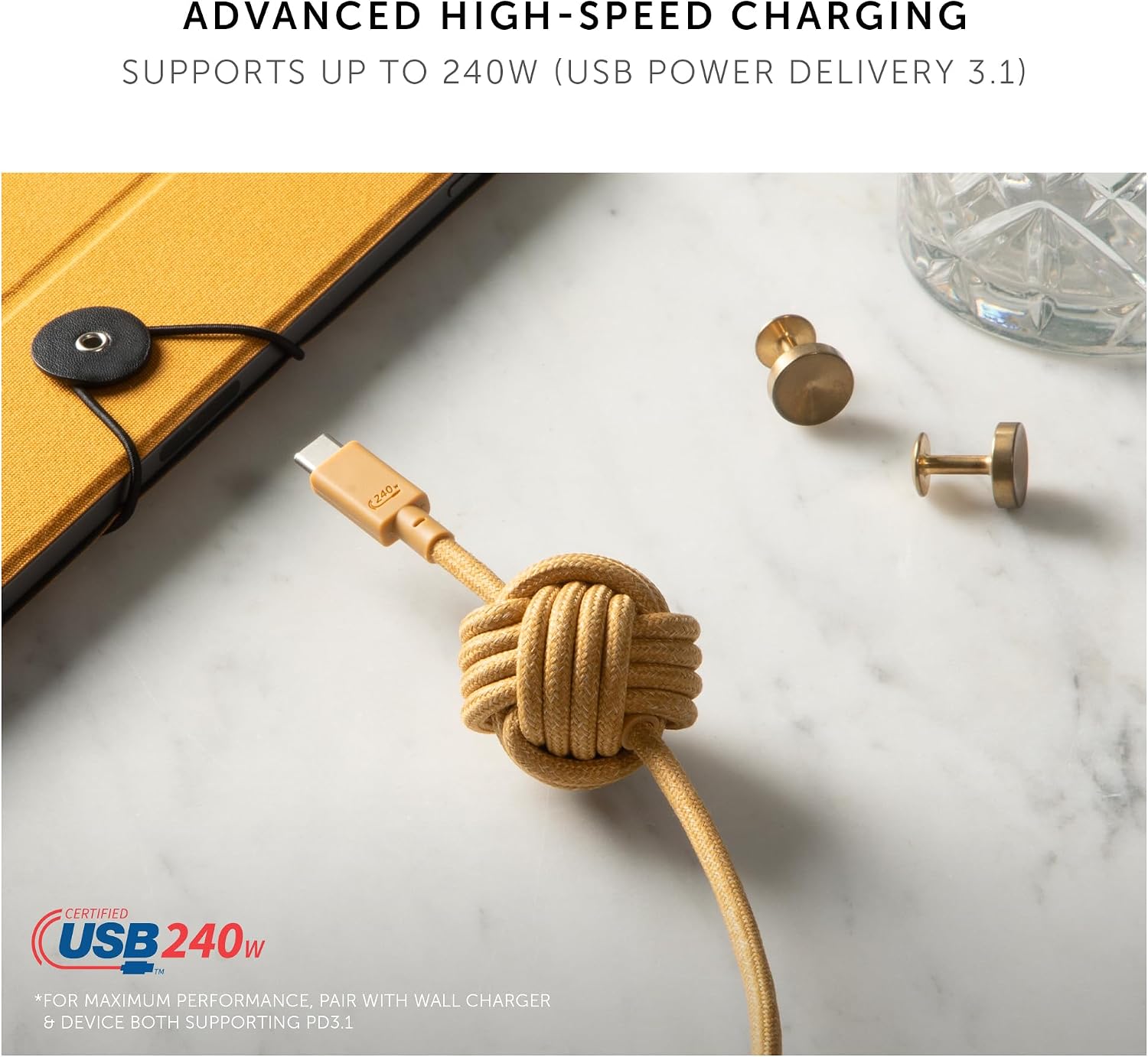 Detalle de Native Union Anchor Cable 240W (3m/10ft) USB‑C to USB‑C with weighted knot – reinforced braided PD 3.1 charging cable