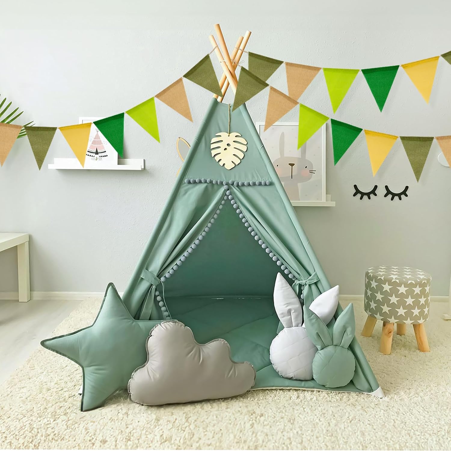 Detalle 2 de G2PLUS Salbeigrün Wimpelkette Outdoor – 20 m, 60 Dreiecks-Wimpel, wetterfest
