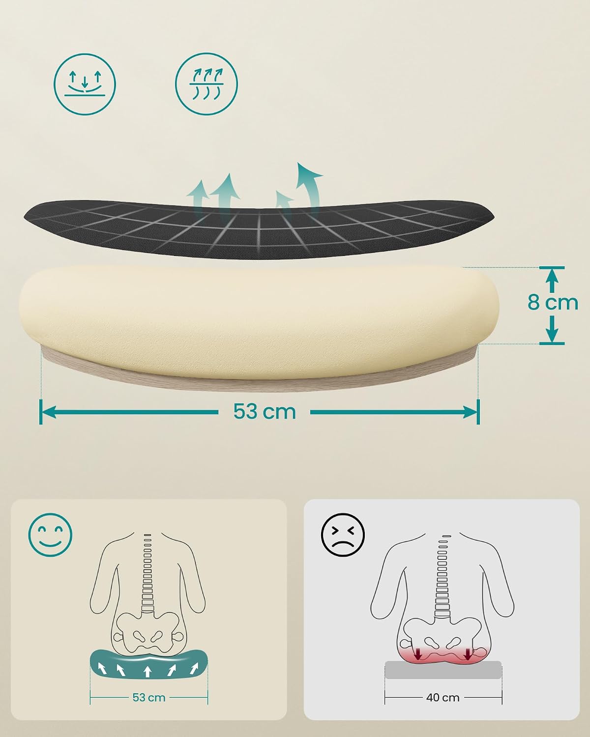 Detalle de SONGMICS Sedia da Ufficio Girevole con Seduta 53 cm e Supporto Lombare Regolabile (OBN37WT)