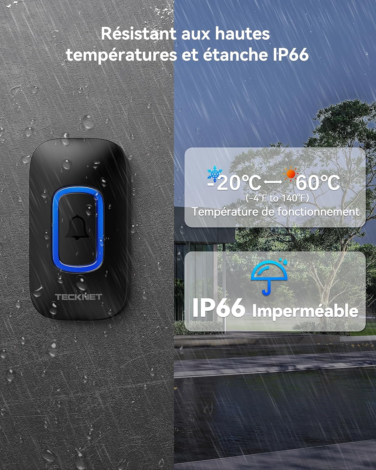 Detalle de TECKNET Sonnette sans Fil Extérieure Étanche à Pile — Portée 400 m, 60 Mélodies, IP66