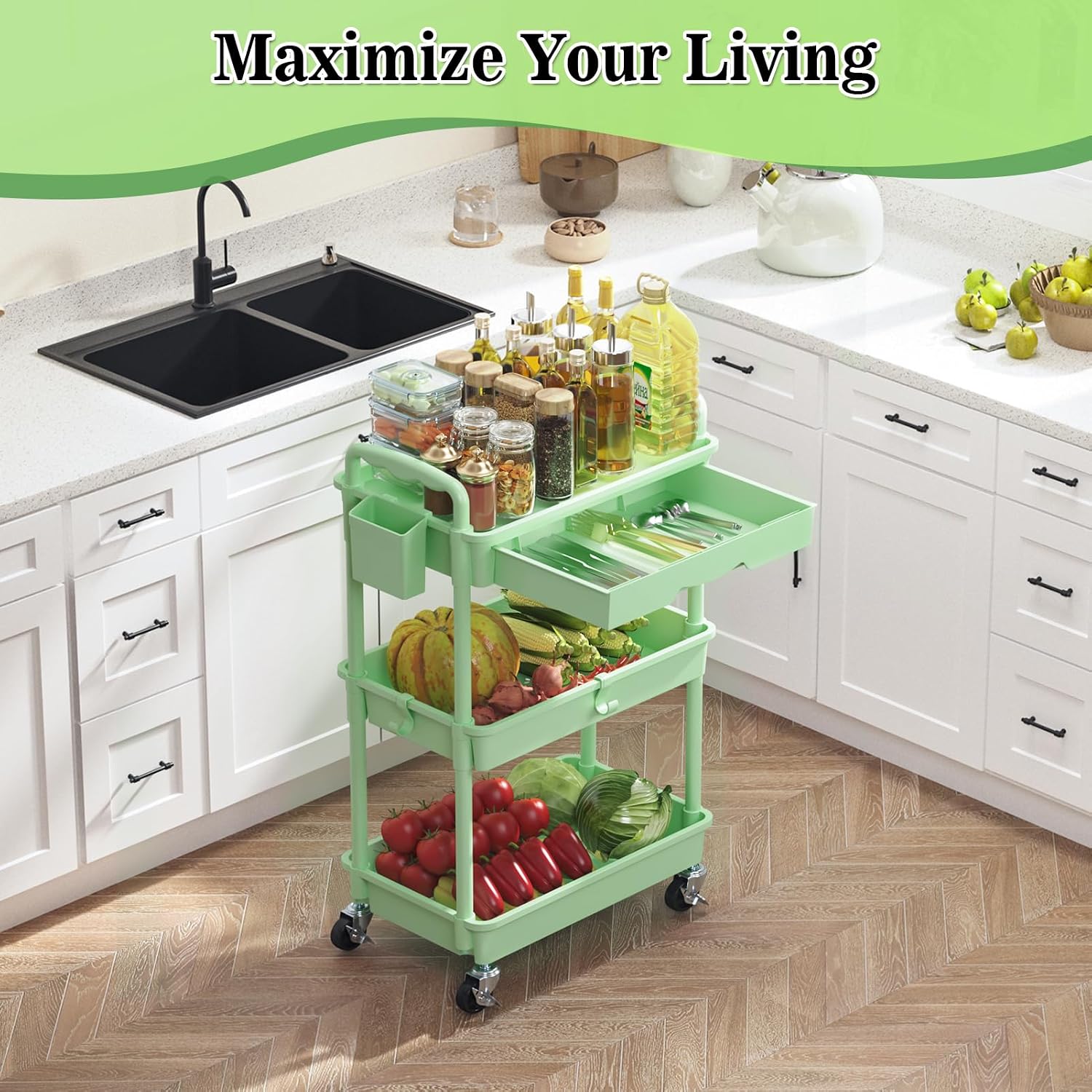 Detalle 2 de SUNALLY 3-Tier Rolling Cart with Drawer, Green, 4 Swivel Wheels