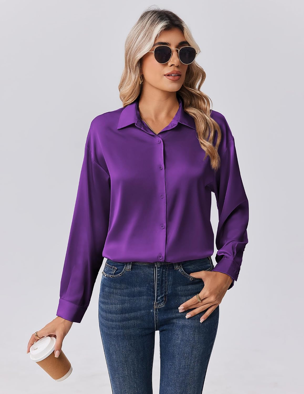 Detalle 2 de Zeagoo Long-Sleeve Satin Button-Down Blouse for Women