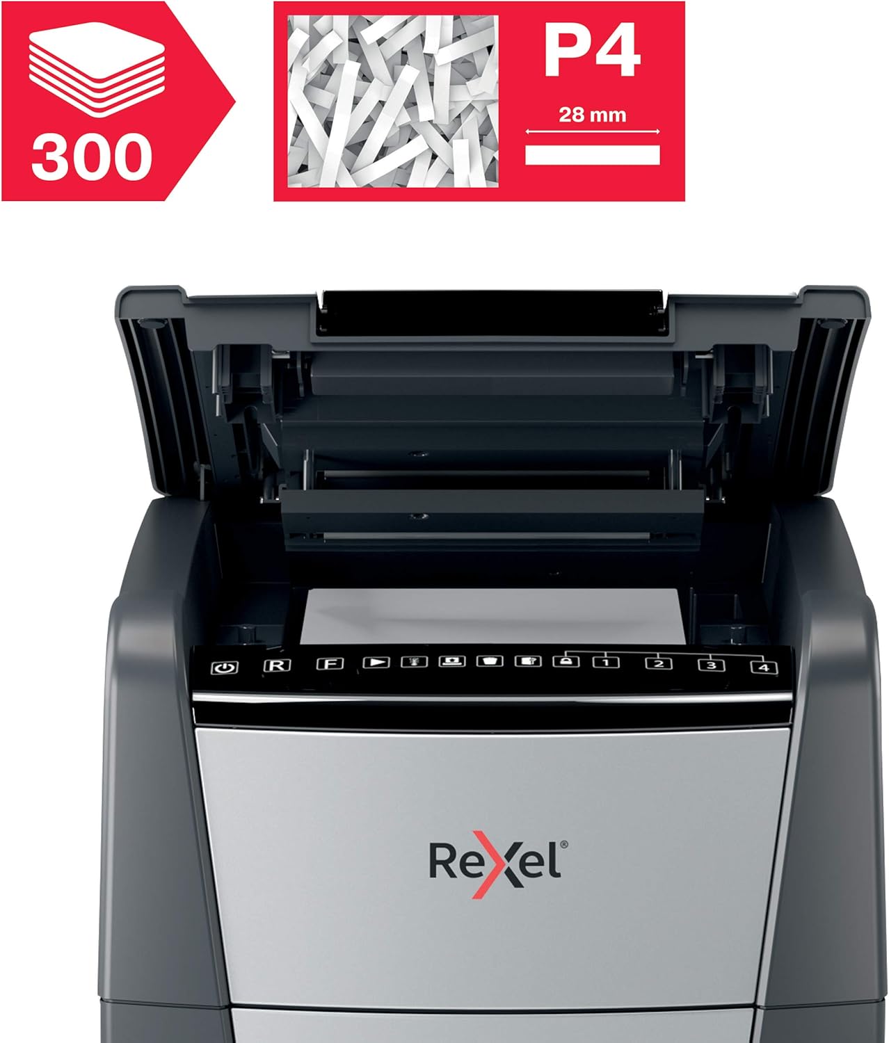 Detalle 2 de Rexel Auto+ 300X : Destructeur de documents automatique, coupe croisée P-4, 300 feuilles, corbeille 60 L