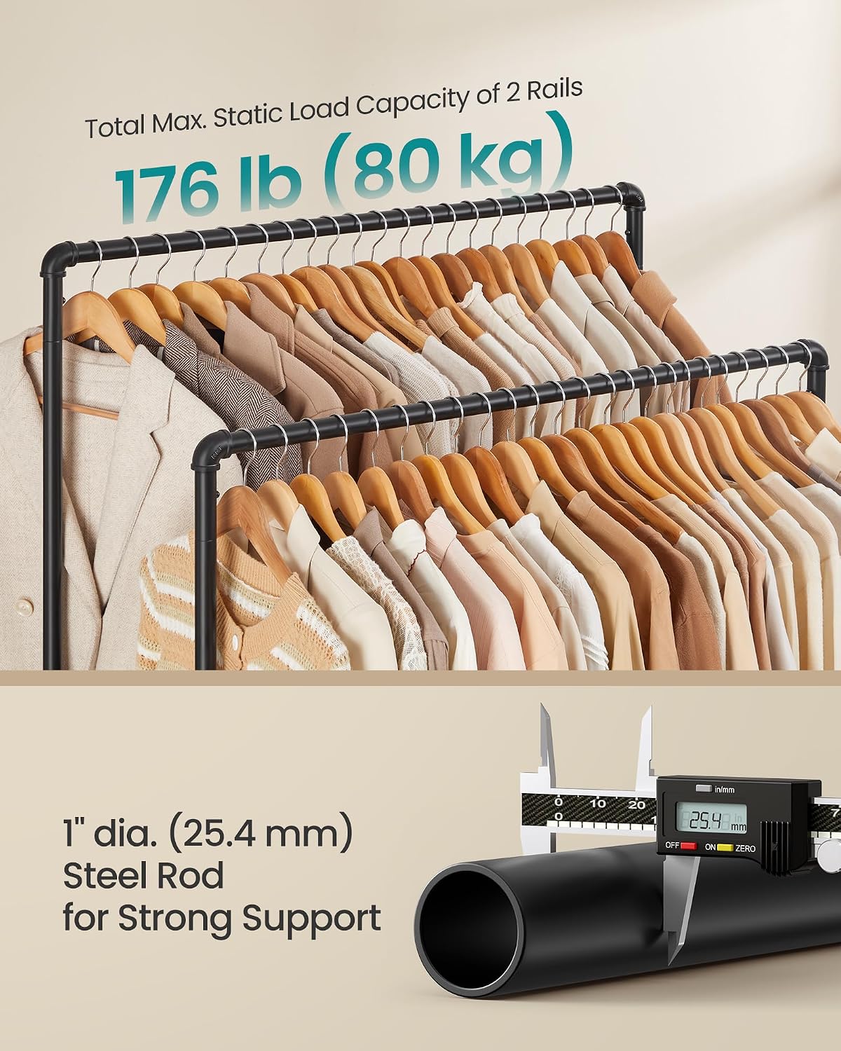 Detalle de SONGMICS HSR60B Clothes Rail on Wheels, 110 kg Capacity, Double Rails