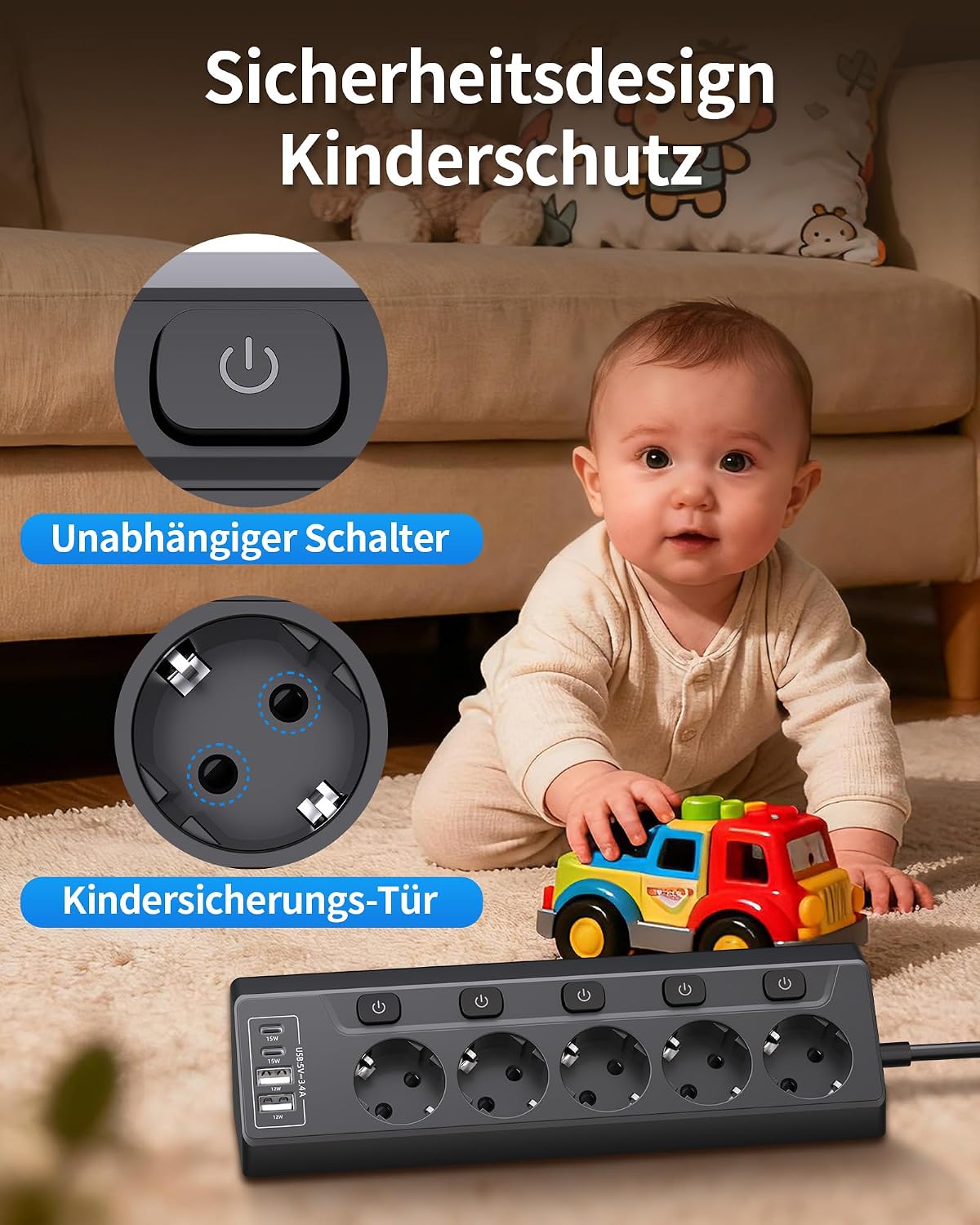 Thumbnail 3 de RivHillX Tischsteckdose Steckdosenleiste mit USB (schwarz) – 5-fach, einzeln schaltbar