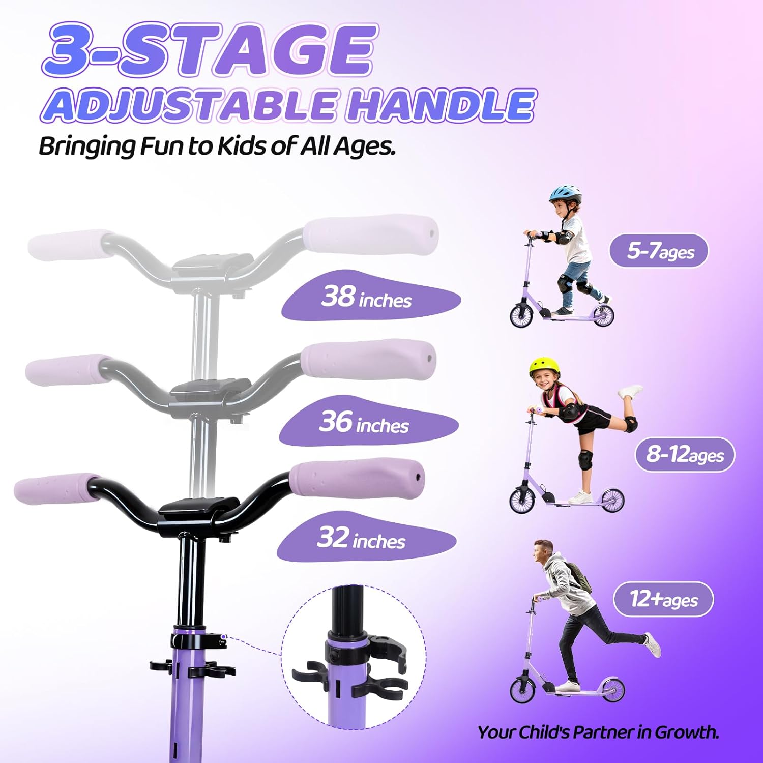 Thumbnail 3 de Nattork Kick Scooter (Age 6+) with Adjustable Handlebar, 8" Wheels, Anti-Shock Suspension — 240 lbs Max Load