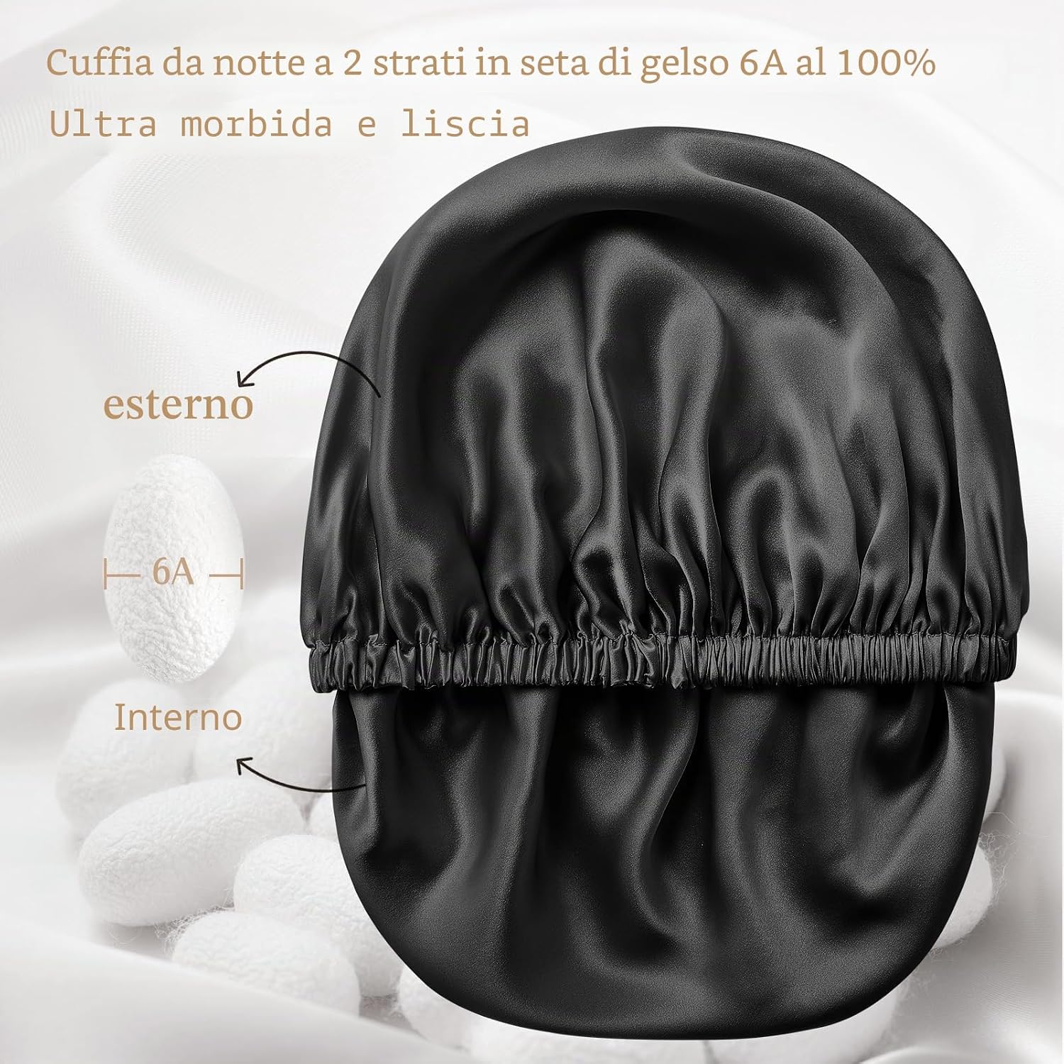 Detalle de Umisleep Cuffia da notte in seta 22 Momme in gelso 100% (doppia), nera, regolabile
