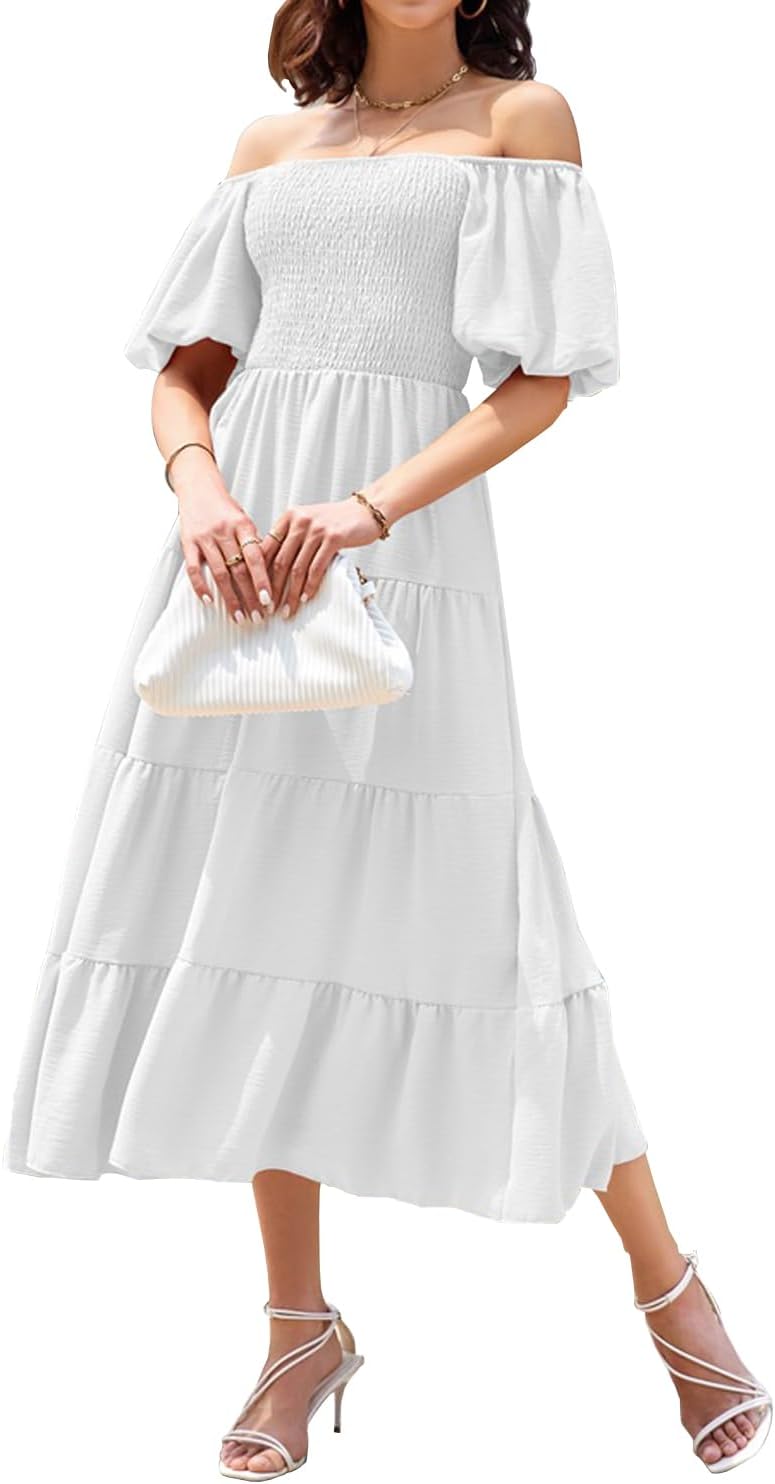 Detalle de Vcindai Damen A-Linie Kleid – Sommer Midi mit Puffärmeln