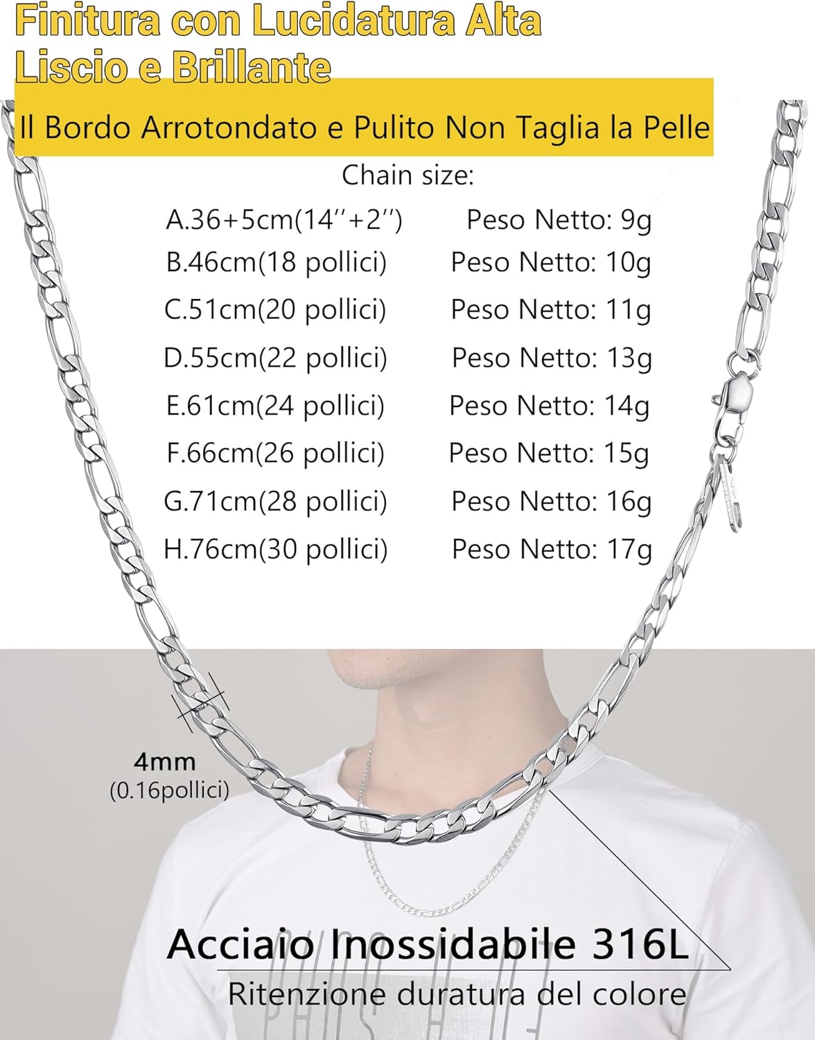 Thumbnail 4 de PROSTEEL Collana Catena Semplice da Uomo a Modello Maglia Figaro 3+1, 4/6/9/13 mm – Acciaio inox 316L, due tonalità