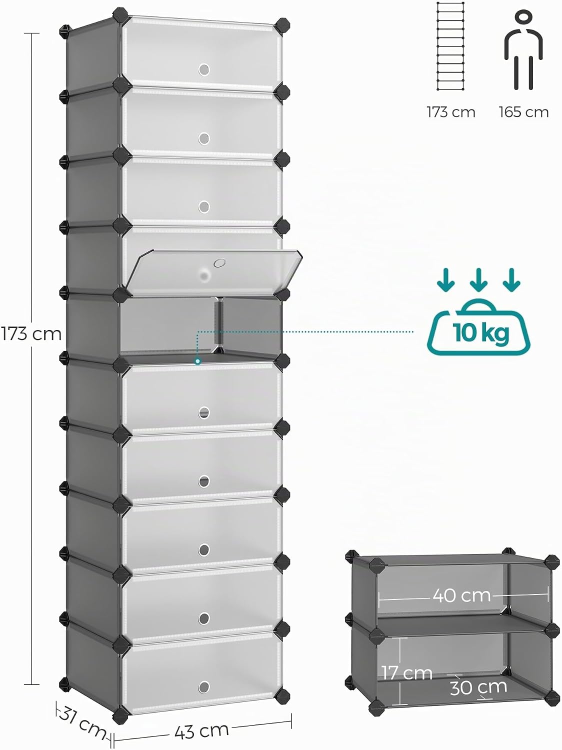 Detalle de SONGMICS Scarpiera 10 Scomparti LPC010G01 – Scaffale porta scarpe modulare in plastica grigio