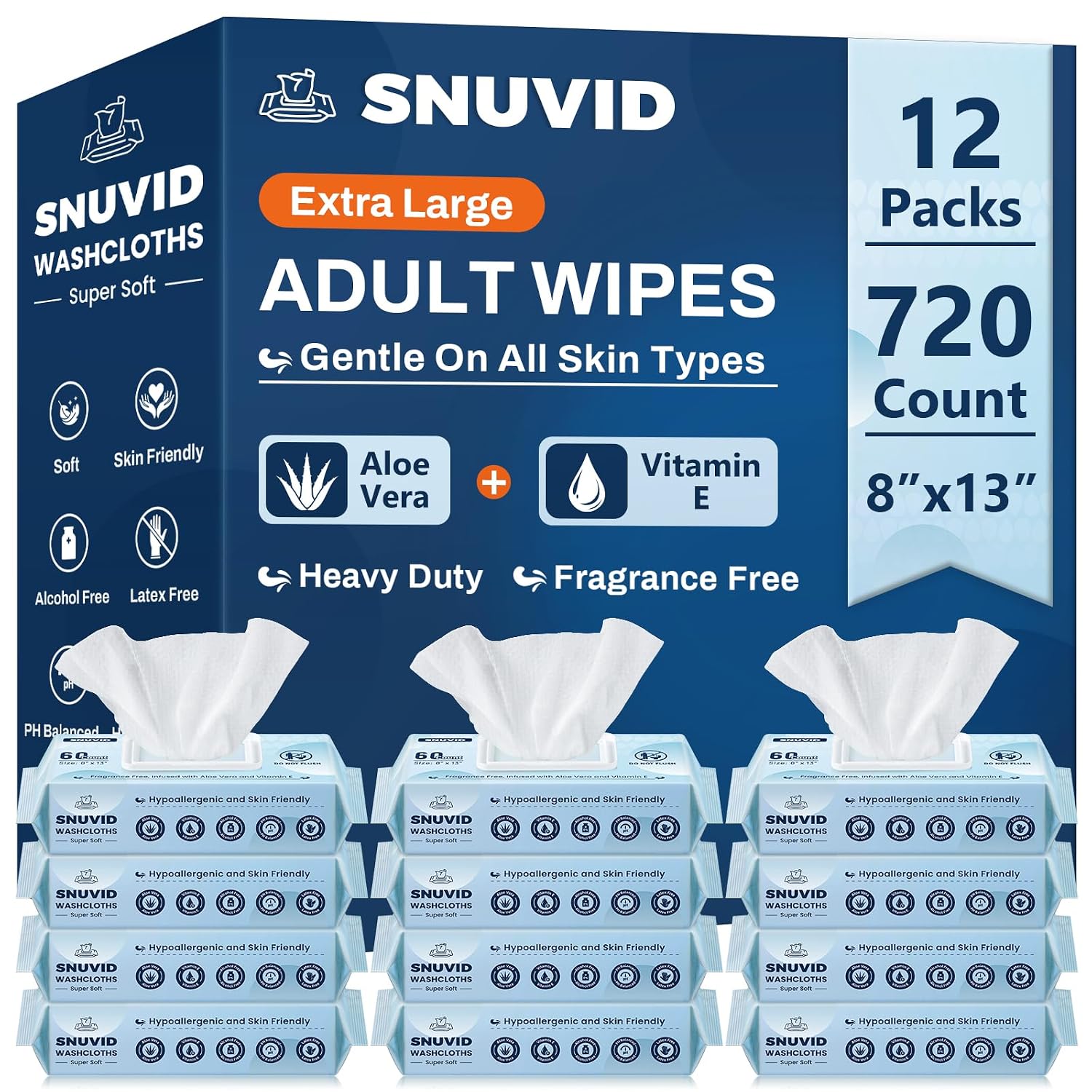 Detalle de Adult Wipes for Elderly – 720 Count Extra Large 8"x13" Disposable Washcloths (12 Packs)