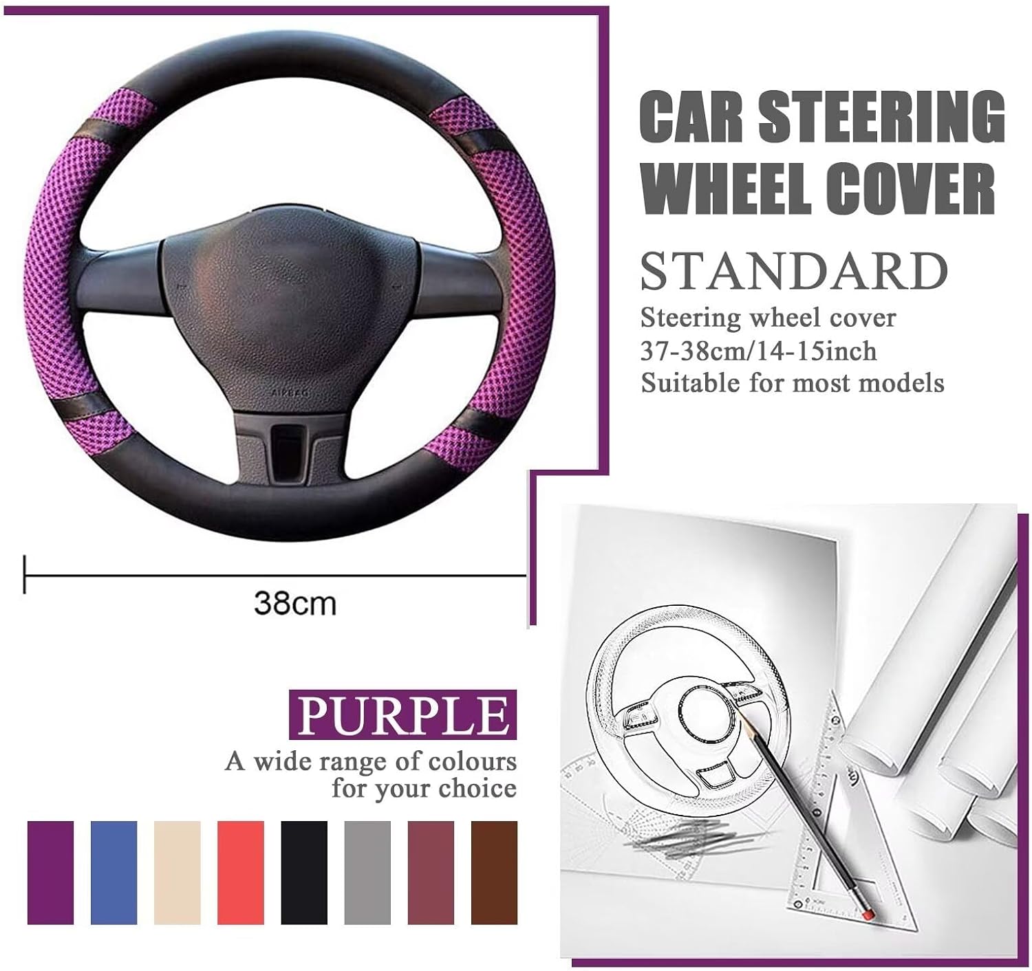Thumbnail 2 de Pahajim PU Leather Steering Wheel Cover (Purple) – 38cm fit