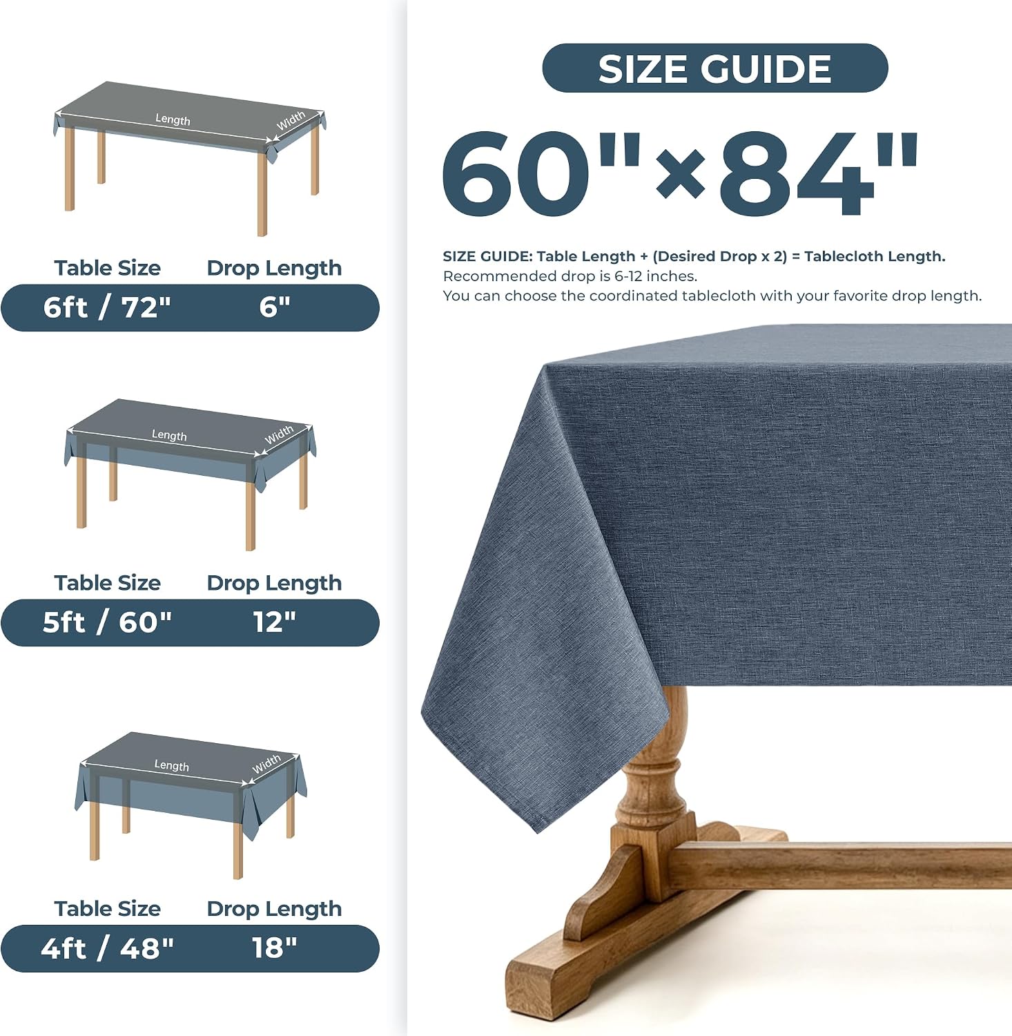 Detalle de Decorelia 60" x 84" Faux Linen Tablecloth, Denim Blue, Waterproof Polyester
