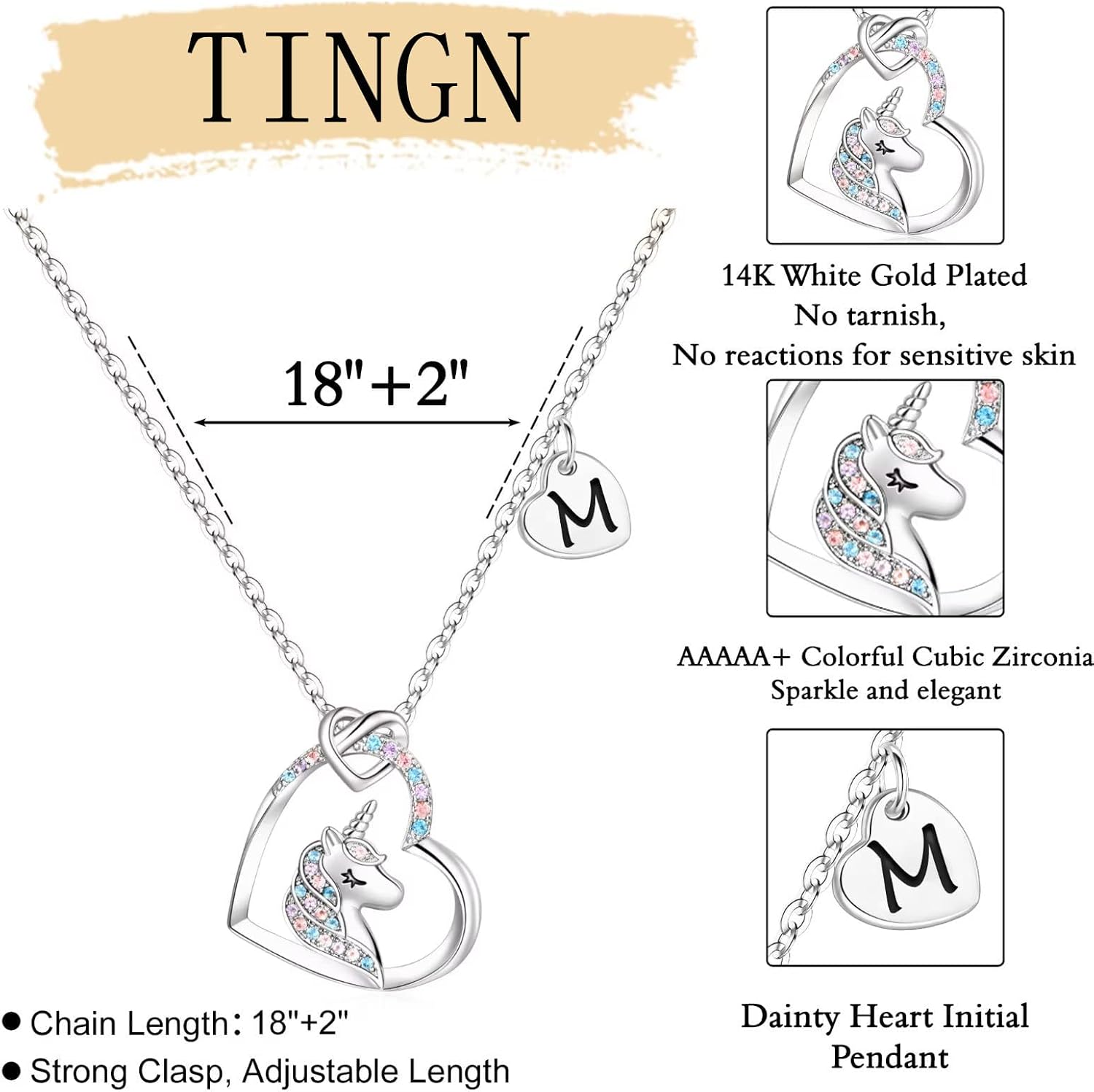 Detalle de TINGN Einhorn-Halskette für Kinder mit Herz-Anhänger, 14K Weißgold vergoldet & CZ, Buchstaben-Kette