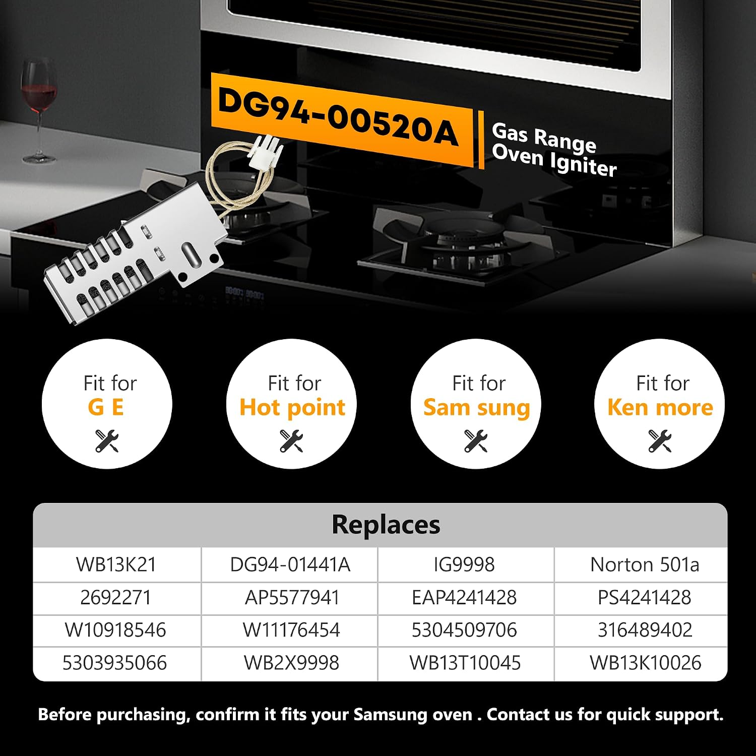 Detalle de Vypart DG94-00520A Gas Range Oven Igniter with Connector and Ceramic Nuts