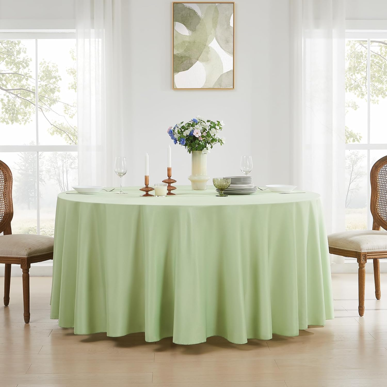 Detalle de Aocoz Round Tablecloth 120 Inch, Sage Green, 6 Pack — Durable Washable Polyester Linen-Look Covers for Dining and Events