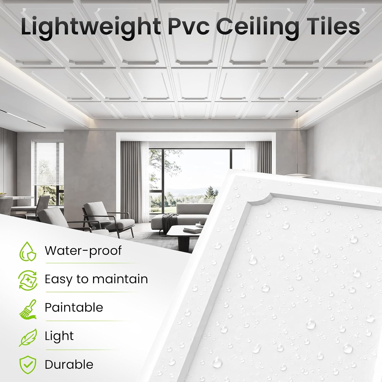 Detalle 1 de LooYee 2 x 4 ft PVC Drop Ceiling Tiles, White, Waterproof, 24-Pack