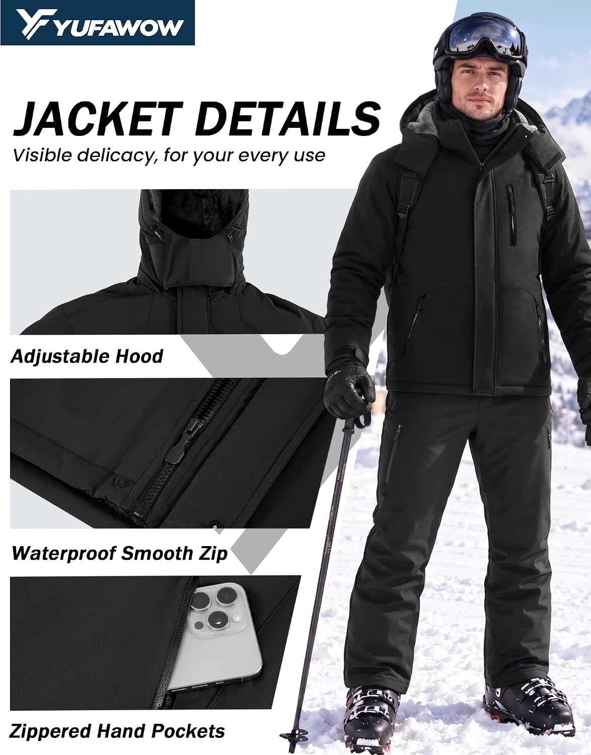 Detalle de Yufawow Men's Winter Jacket with Magnetic Placket, Fleece Lining and Detachable Hood