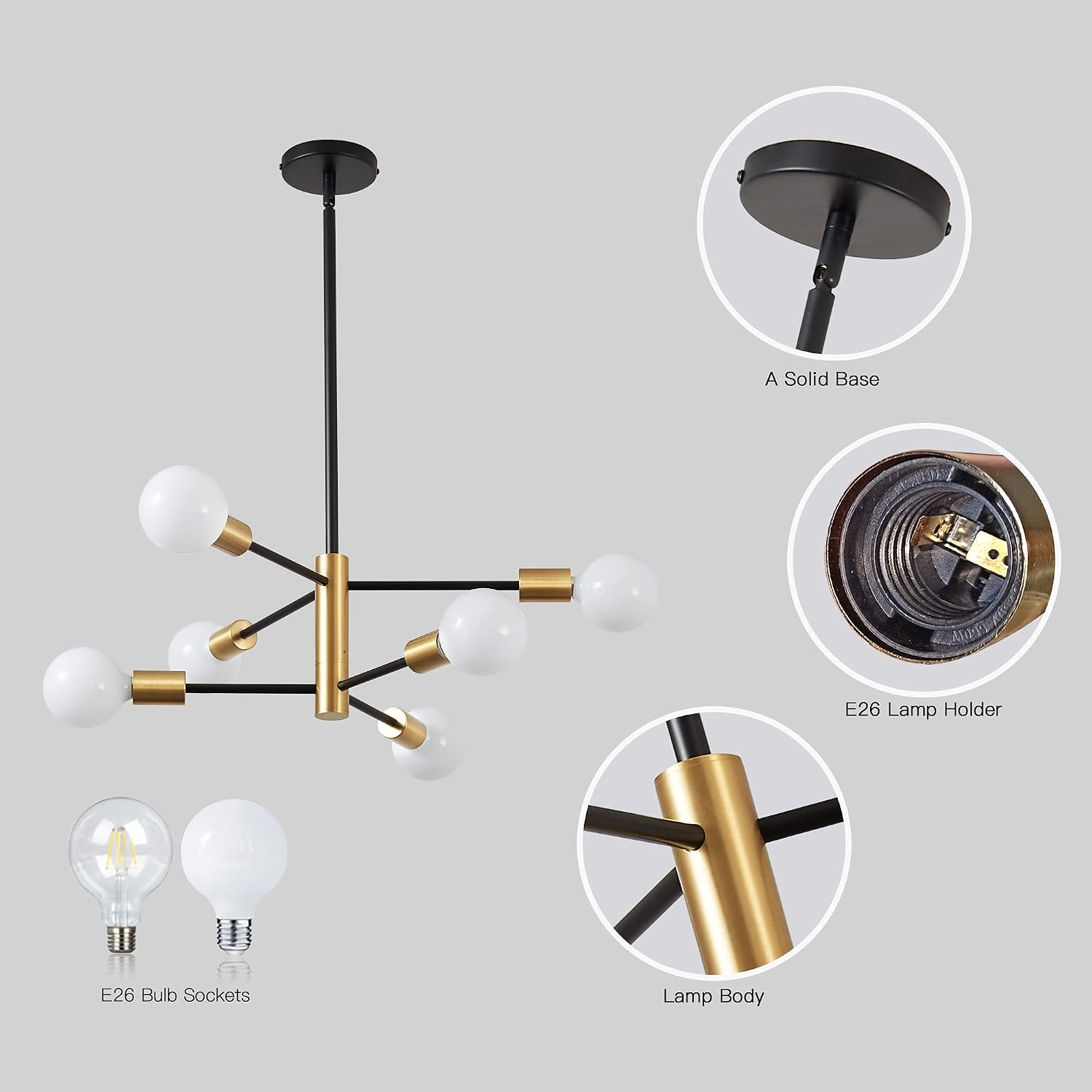 Detalle 2 de KAISITE 8006-6C Sputnik Chandelier, 6-Light Black and Gold, Adjustable Height