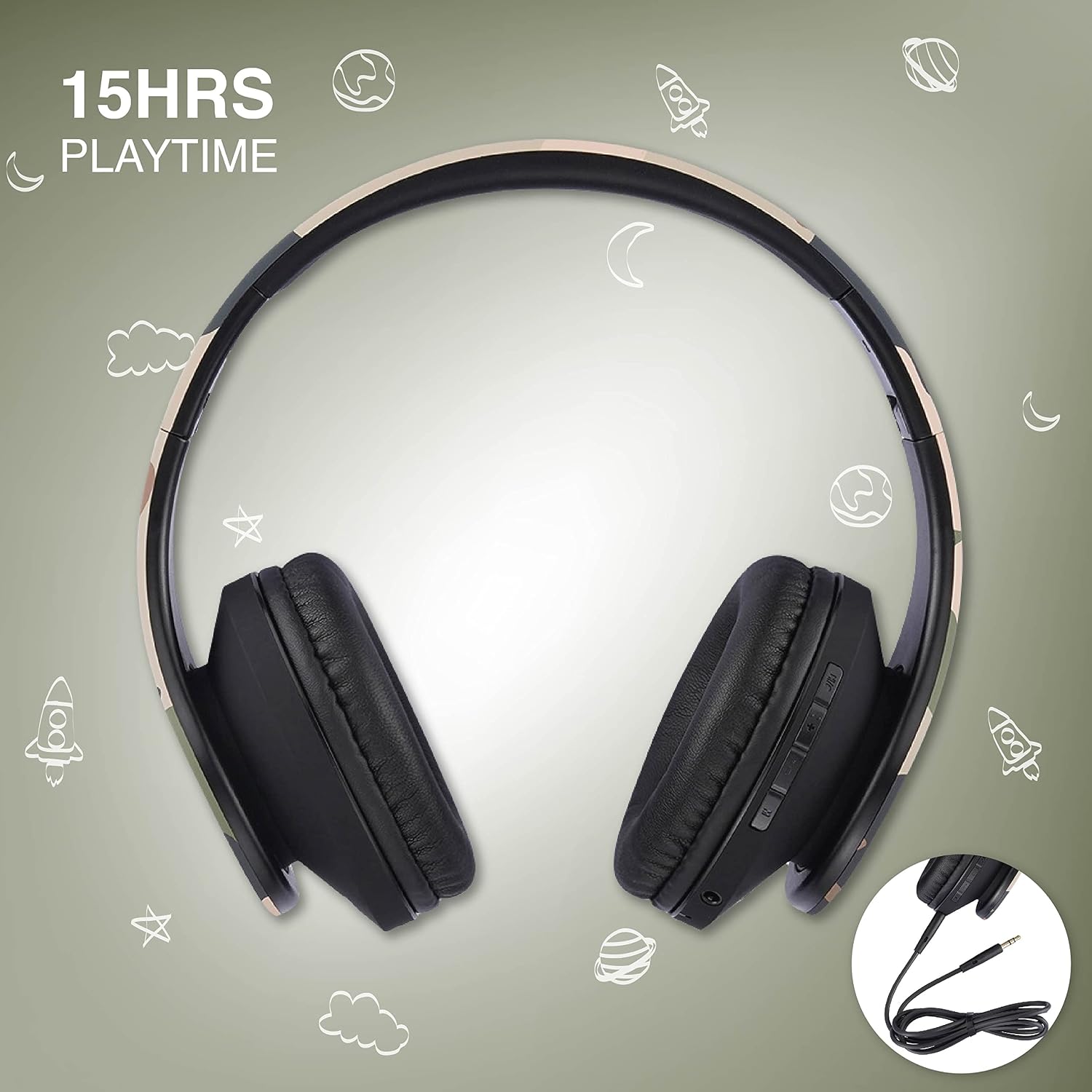 Detalle de PowerLocus P2 Kids Wireless Over-Ear Headphones (Bluetooth) with 85dB Volume Limit and Mic