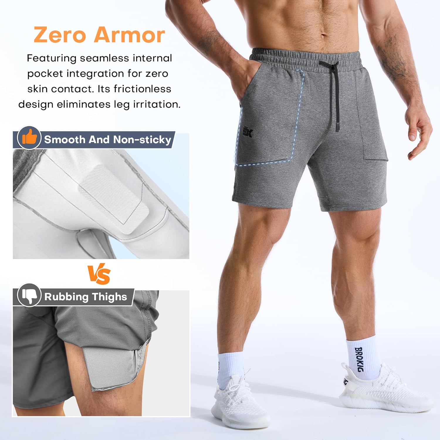 Detalle de BROKIG Mens Zero Armor Gym Shorts with Zip Pockets – seamless internal pocket comfort for training