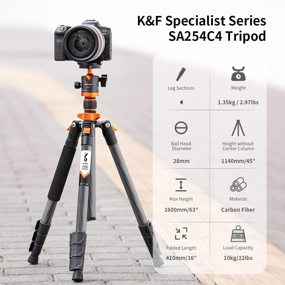Detalle de K&F Concept 63" Carbon Fiber Tripod with Detachable Monopod and BH-28L Ball Head