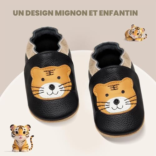 Detalle de IceUnicorn Chausson Bébé Cuir Souple - Noir Tigre, 12-18 mois