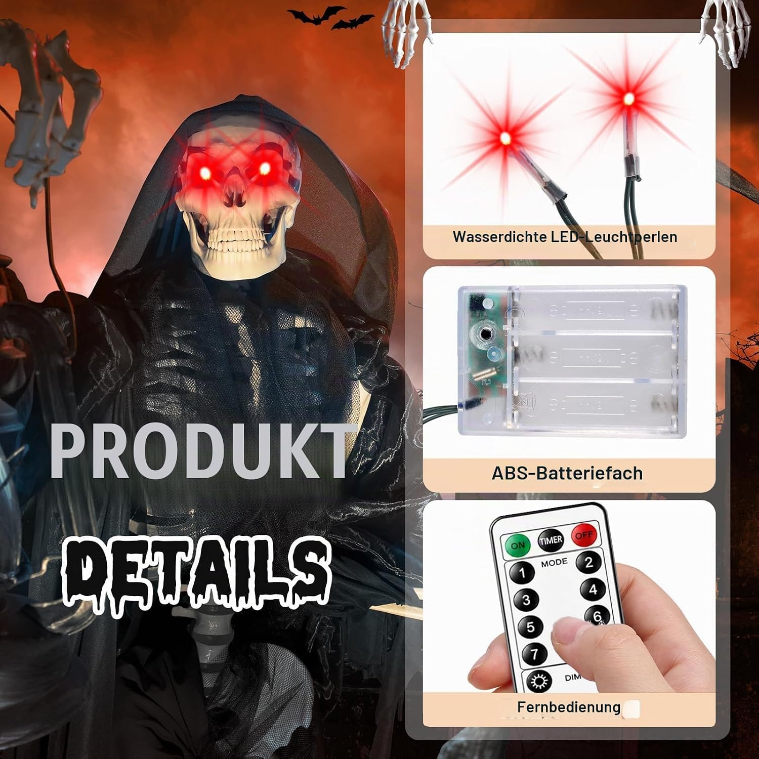 Detalle 1 de XIESUNUN LED-Augen-Dekoration, 4 Stück, rot, 8 Modi und Timer