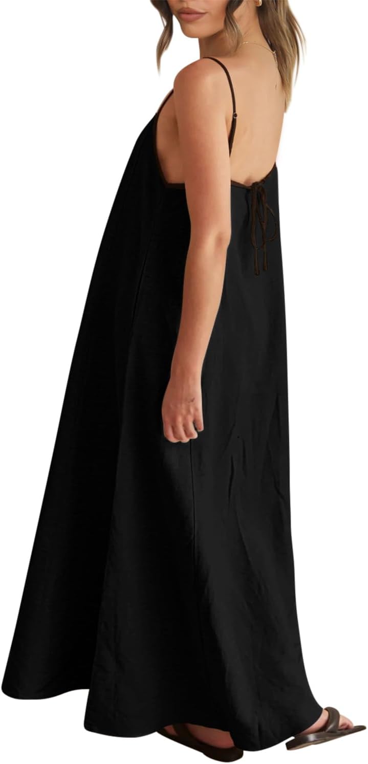Detalle de Shy Velvet 2026 Summer Linen Maxi Dress with Contrast Spaghetti Straps