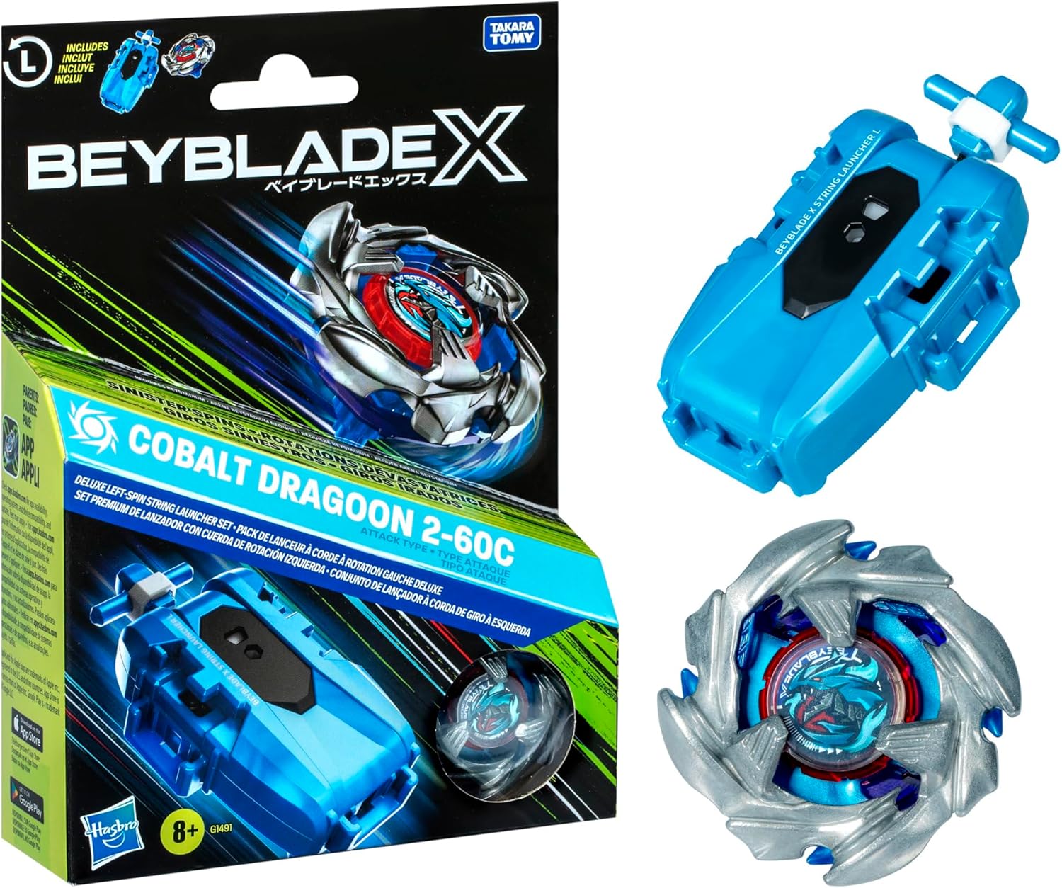 Detalle de Beyblade X Set Premium Lanzador con Cuerda y Top Cobalt Dragoon 2-60C