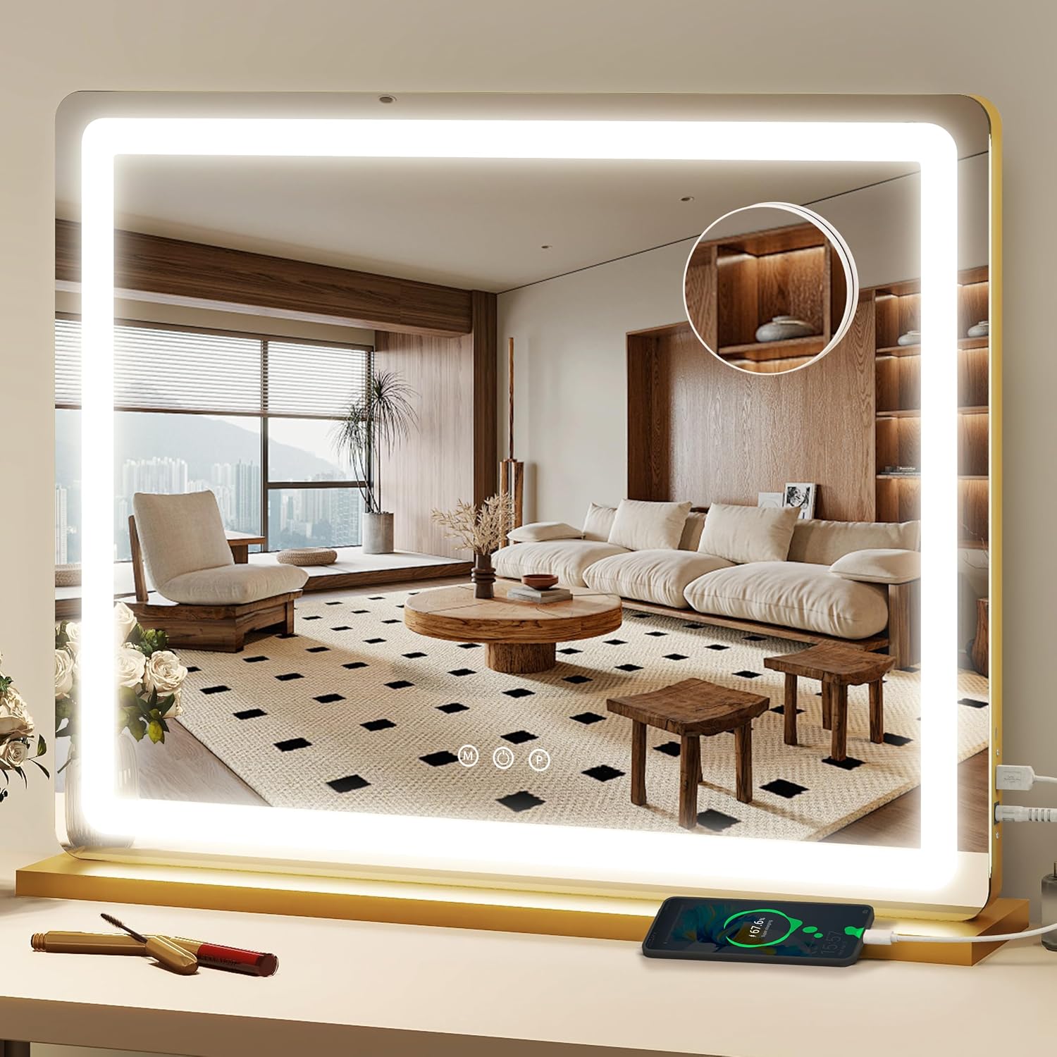 Detalle de FENNIO 23" x 18" Vanity Mirror with Lights, Gold Frame, 3 Color Modes