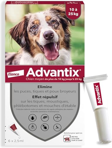 Detalle de Advantix Chien Moyen (10–25 kg) – Pipettes antiparasitaires à action large, 6 parasites, 4 semaines de protection