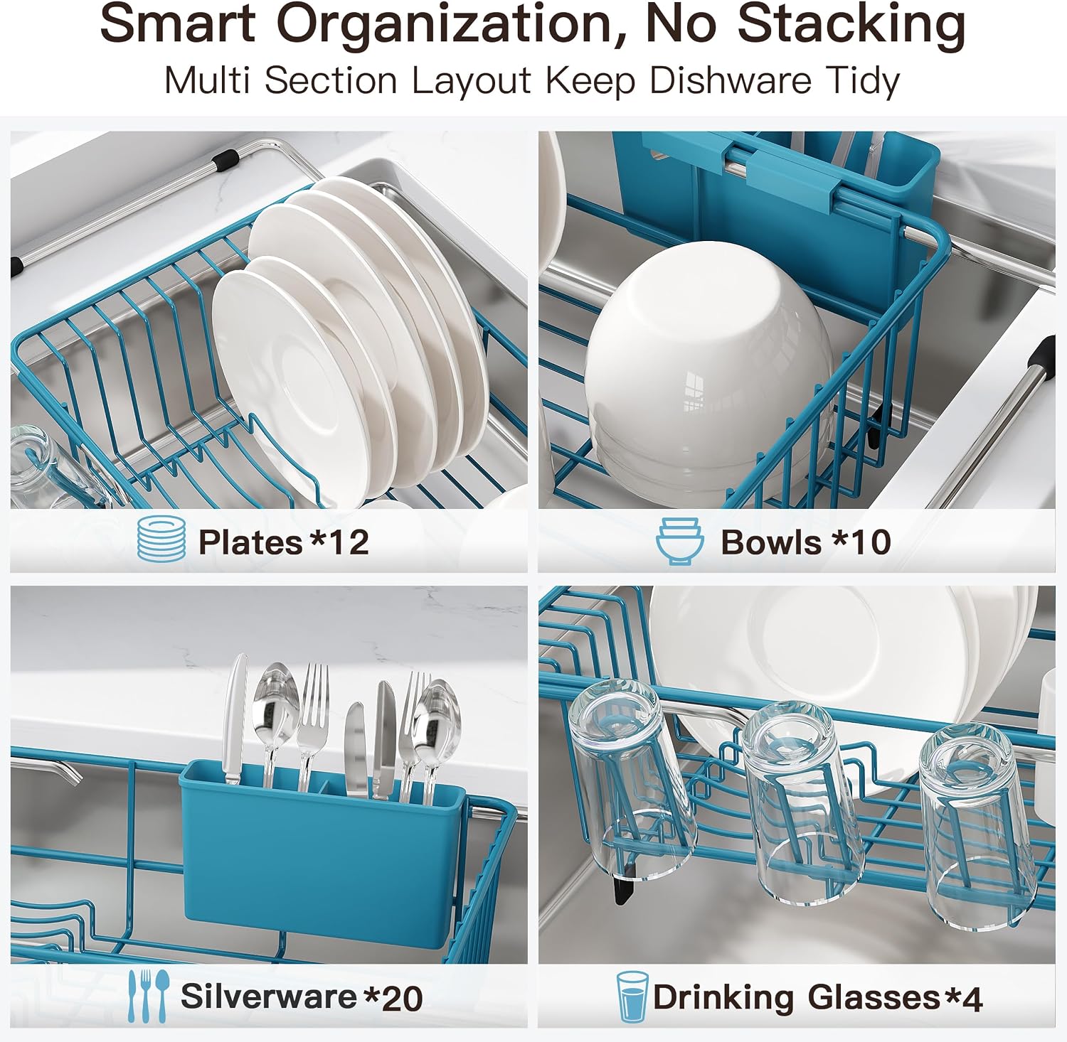 Thumbnail 6 de JASIWAY Blue Stainless Steel Dish Drying Rack, Expandable Over-Sink Design