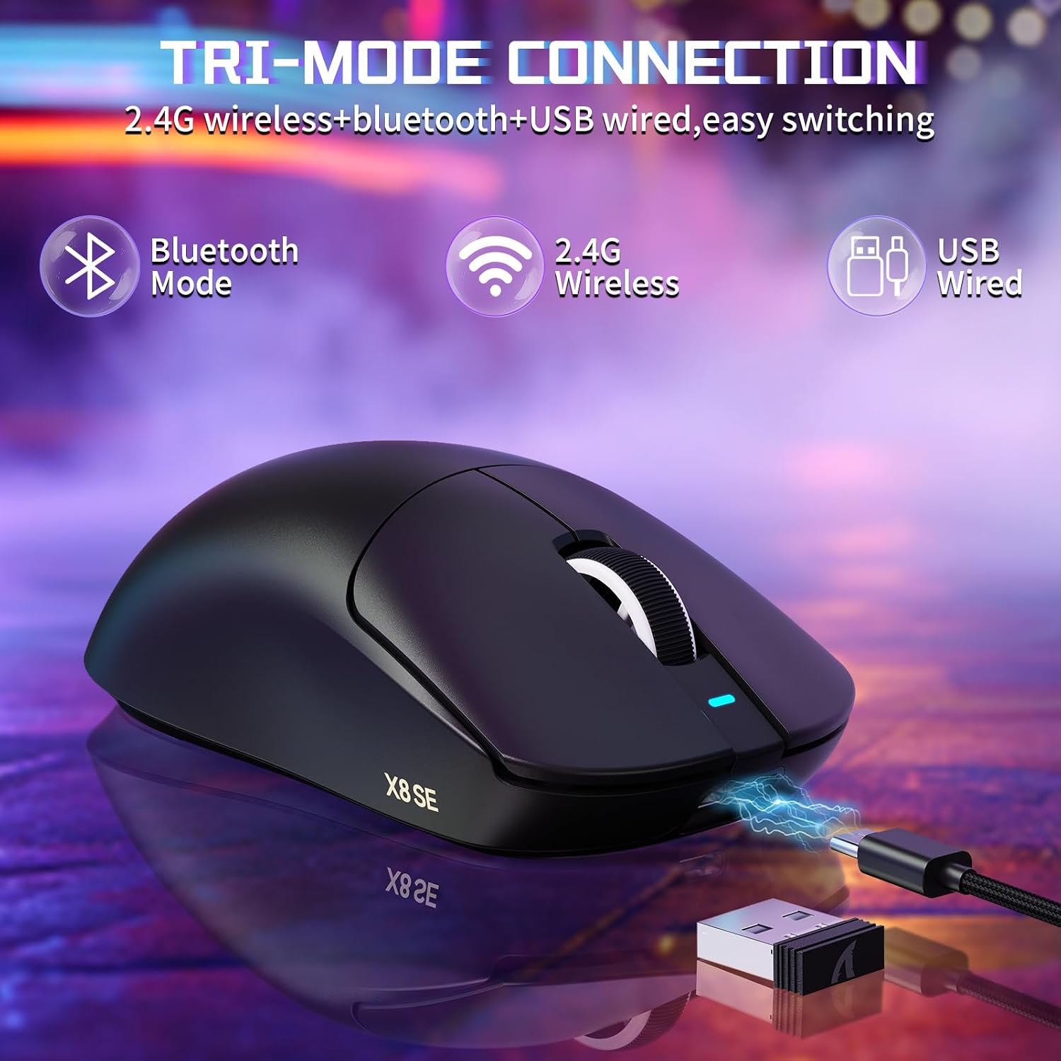 Detalle de MAMBASNAKE X ATTACK SHARK X8SE 55g: mouse da gioco wireless ultra-leggero con DPI 25000 e tripla connettività