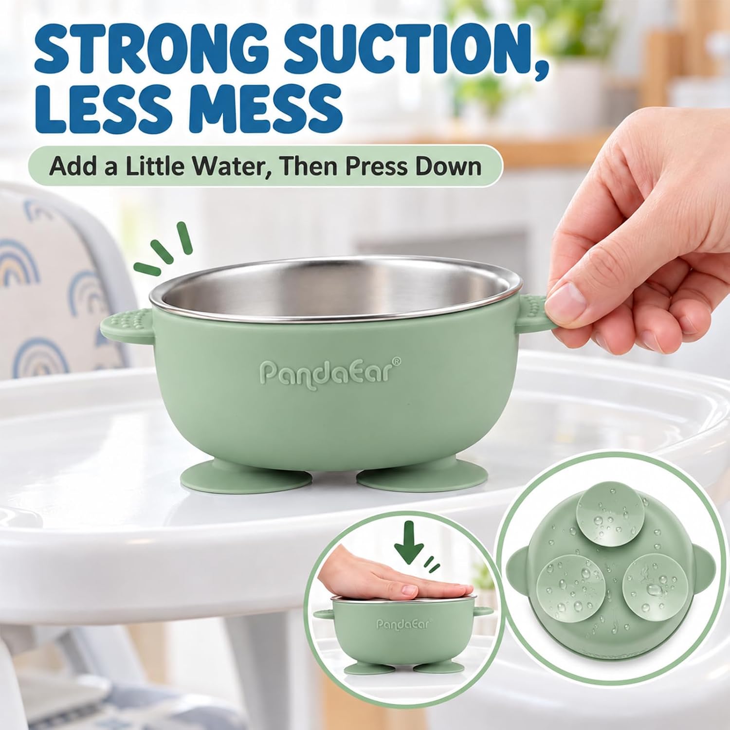 Detalle de PandaEar Baby Suction Bowls: set van 3 roestvrijstalen kommen met zuignap