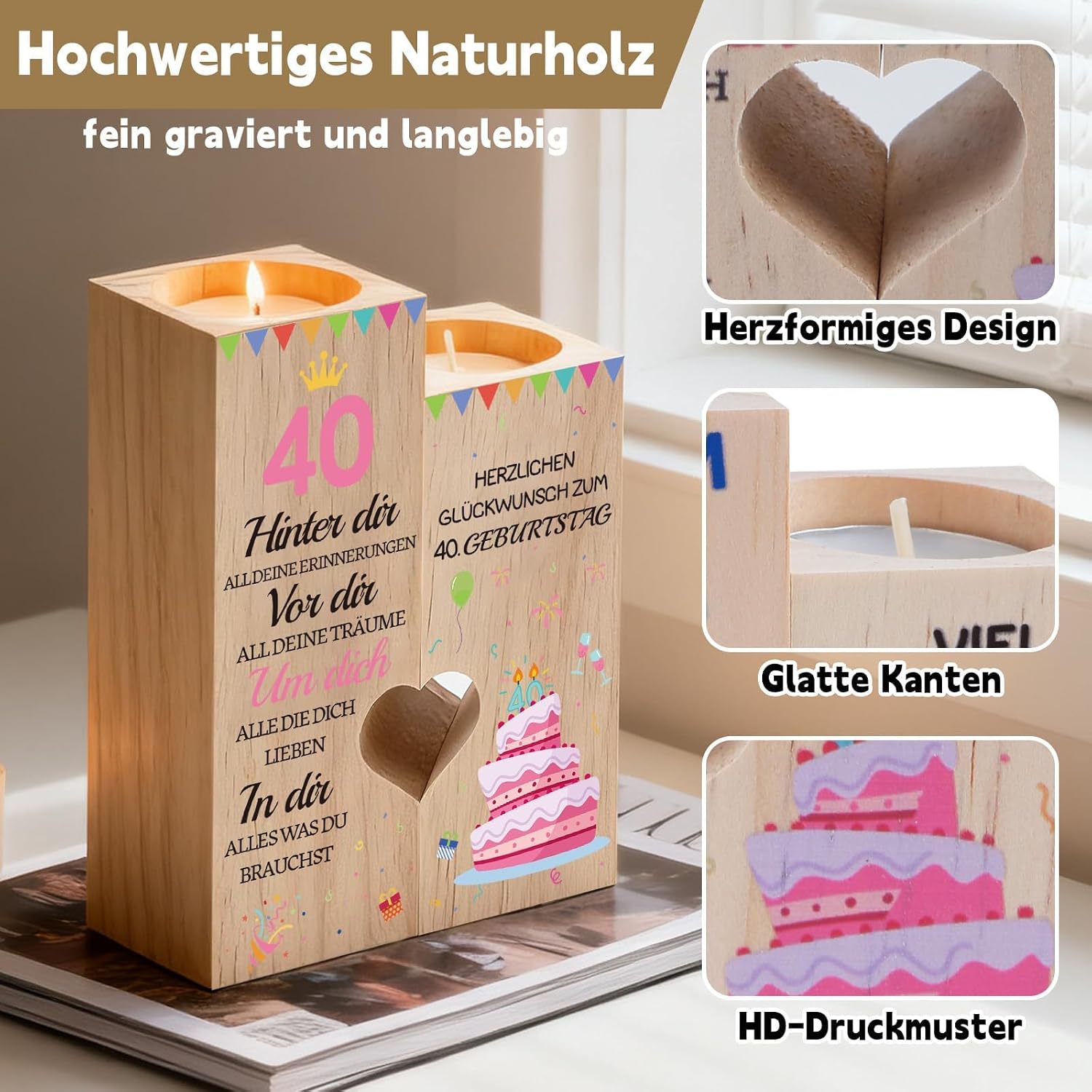 Detalle de Belillpipi 40. Geburtstag Kerzenhalter-Set aus Holz – Herz-Design, zwei Halter mit Teelichtern