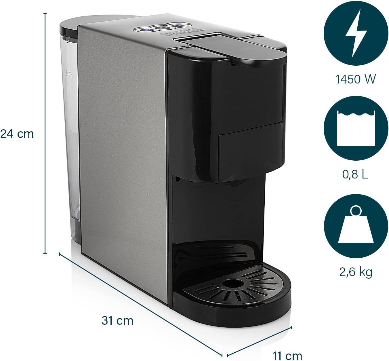 Detalle de Princess Machine à café multi-capsules 4 en 1 – 800 ml, 1450 W, Noir et argent