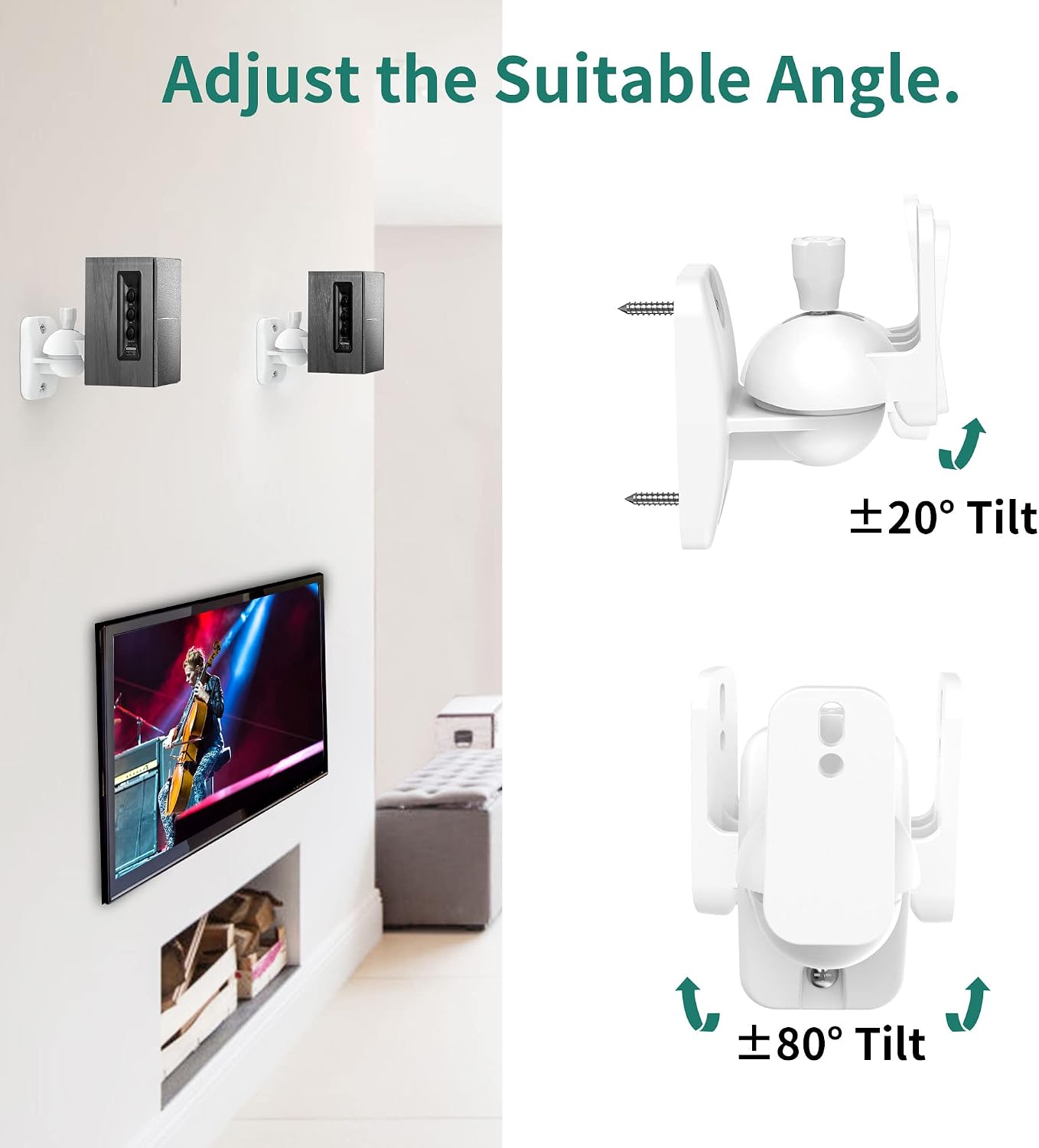 Detalle de HomeMount Speaker Wall Mount Brackets — 4-Pack (White) Holds up to 8 lbs with Multi-Angle Adjustments