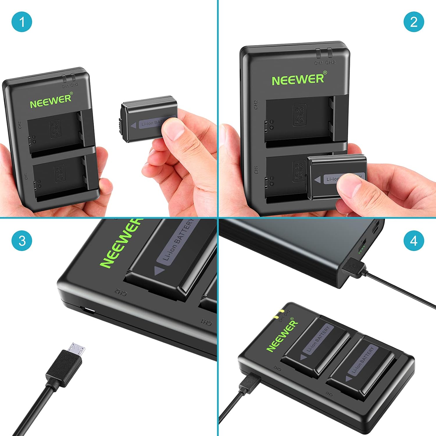 Thumbnail 5 de NEEWER Set batterie di ricambio NP-FW50 (2x 1100mAh) + caricatore USB doppio canale per Sony ZV-E10 e serie A7/A6400