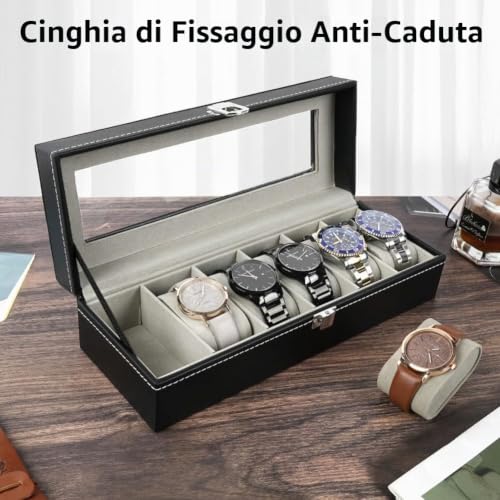 Detalle de OFFCUP Porta Orologi 6 Posti Scatola Portaorologi PU con Coperchio in Vetro
