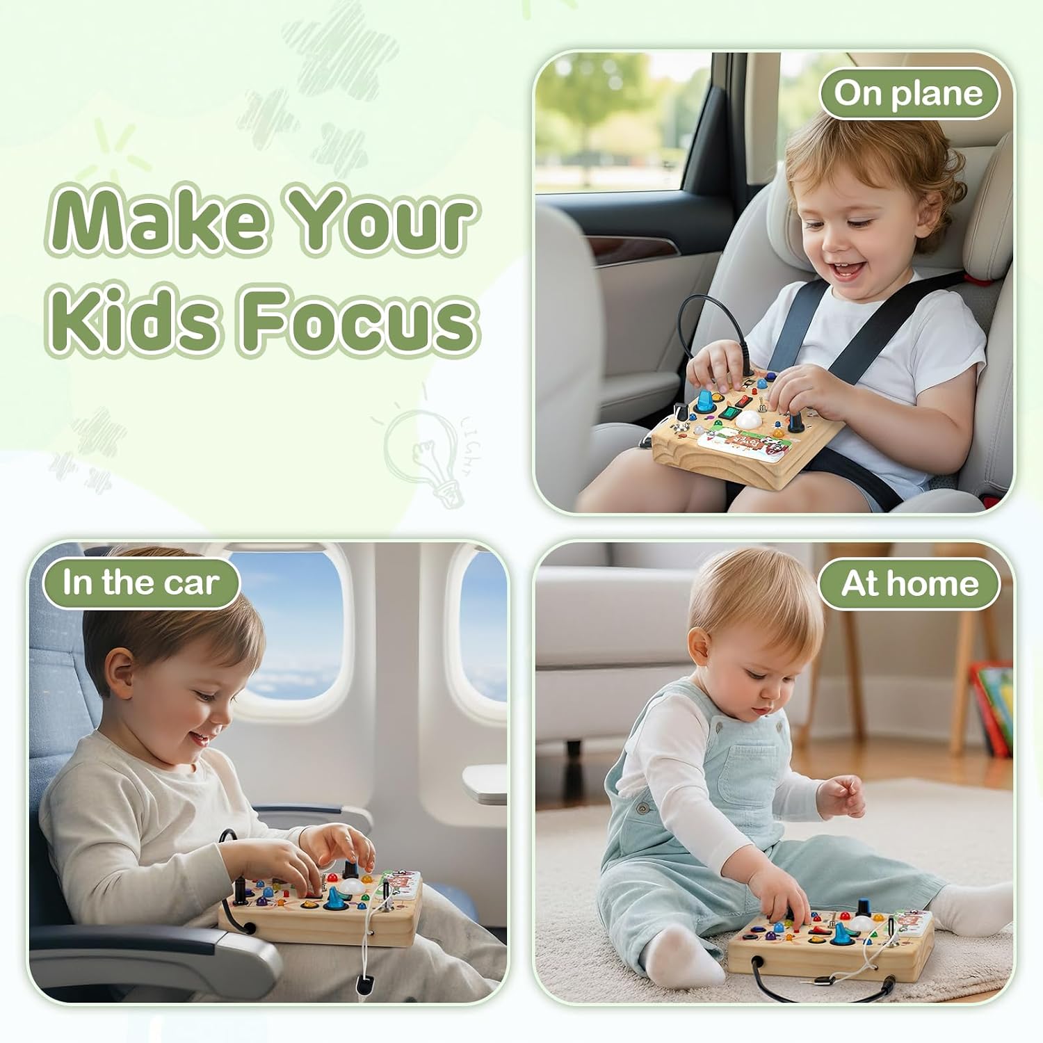 Thumbnail 6 de Sanlebi LED Busy Board for Toddlers, Wooden Farm Activity Toy with 10 Switches