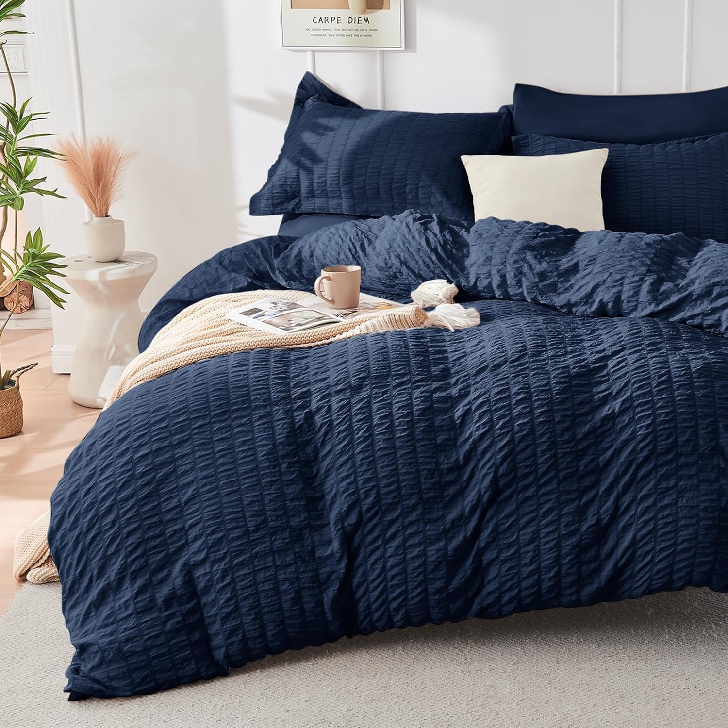 Thumbnail 6 de HYMOKEGE Navy Blue Twin Seersucker Duvet Cover Set (2-Piece) with Zipper Closure and 8 Corner Ties