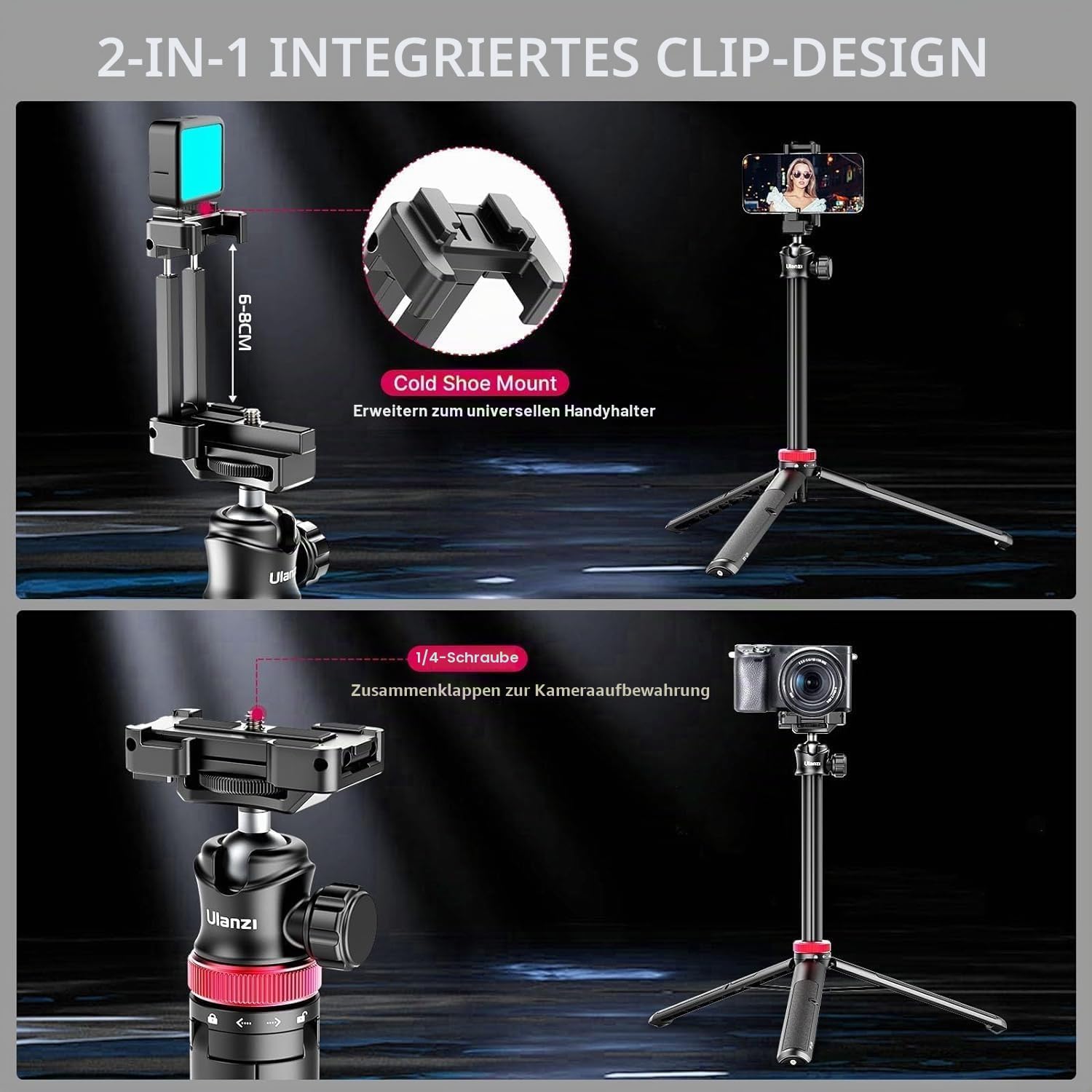 Detalle de ULANZI MT-44 2-in-1 Stativ für Smartphone und Kamera – 147 cm, 360° Kugelkopf, Cold Shoe Halterung