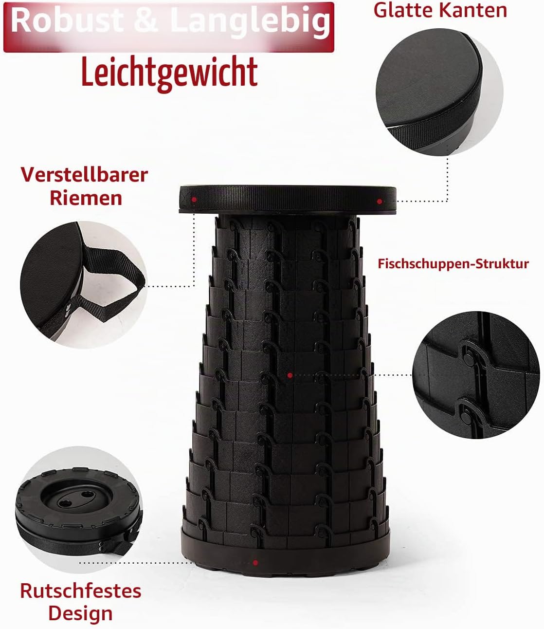 Detalle de REAKOO Klapphocker Faltbar – Höhenverstellbar, Tragbar und Langlebig
