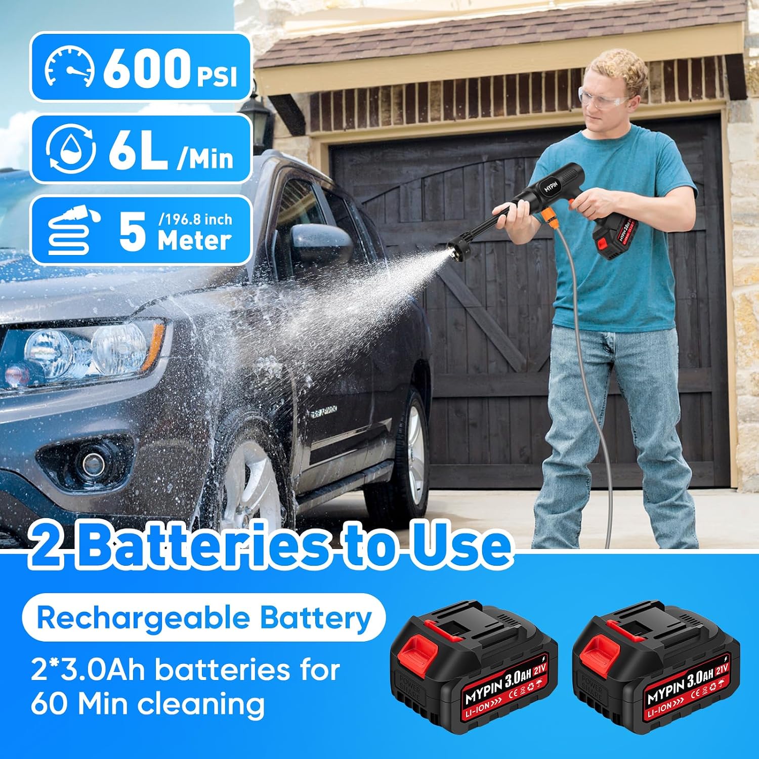 Detalle de MYPIN 600PSI Cordless Pressure Washer, 21V, Dual 3.0Ah Batteries, 5m Hose
